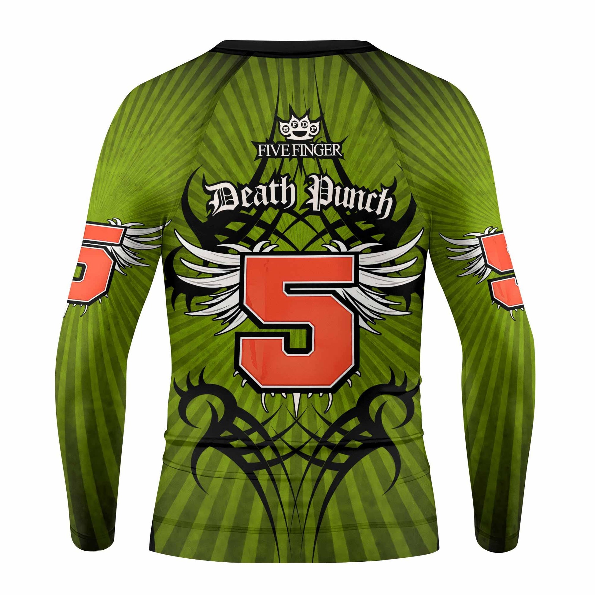 Five Finger Death Punch Green V Kids Rash Guard Long Sleeve - back view mockup