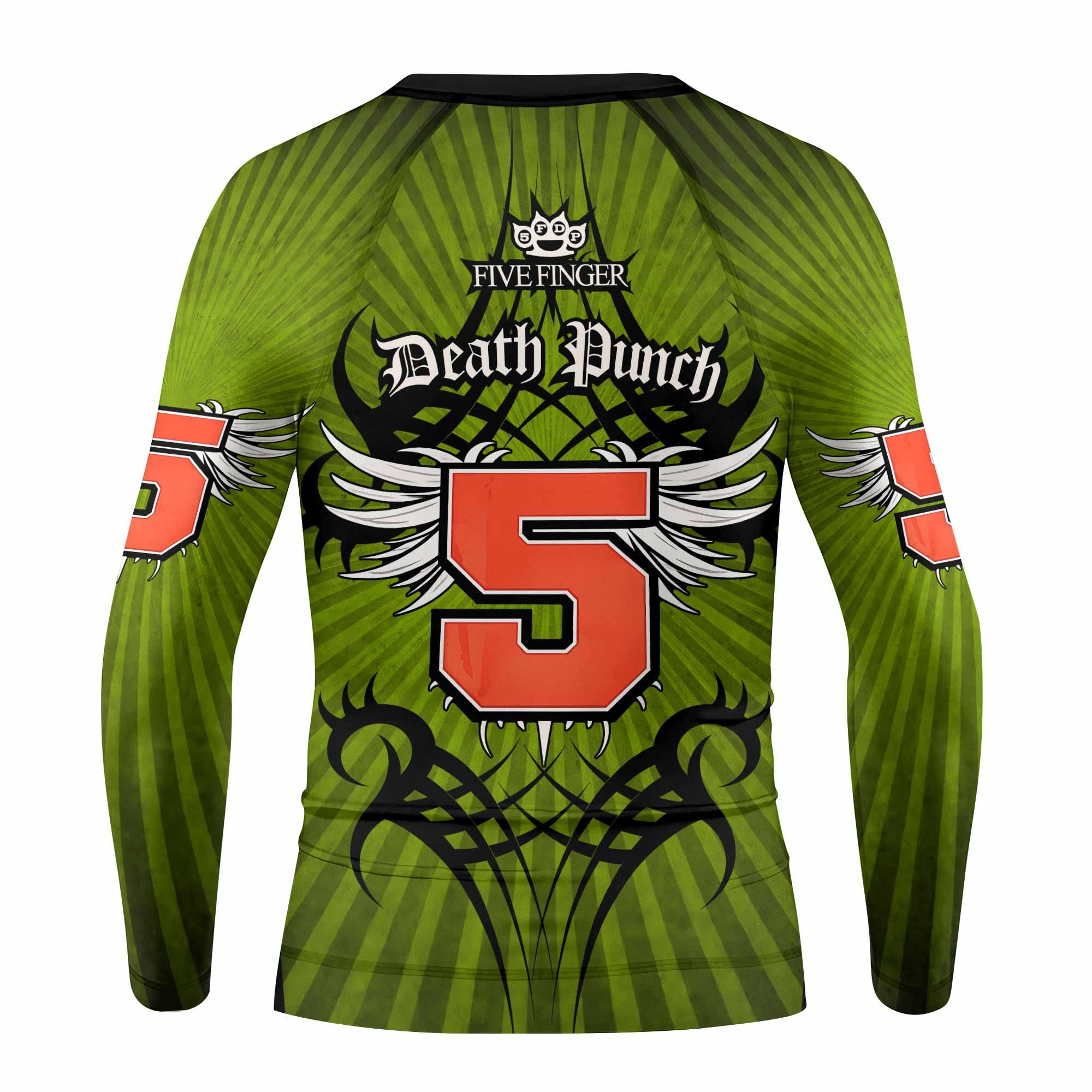 Five Finger Death Punch Green V Kids Rash Guard Long Sleeve - back view mockup