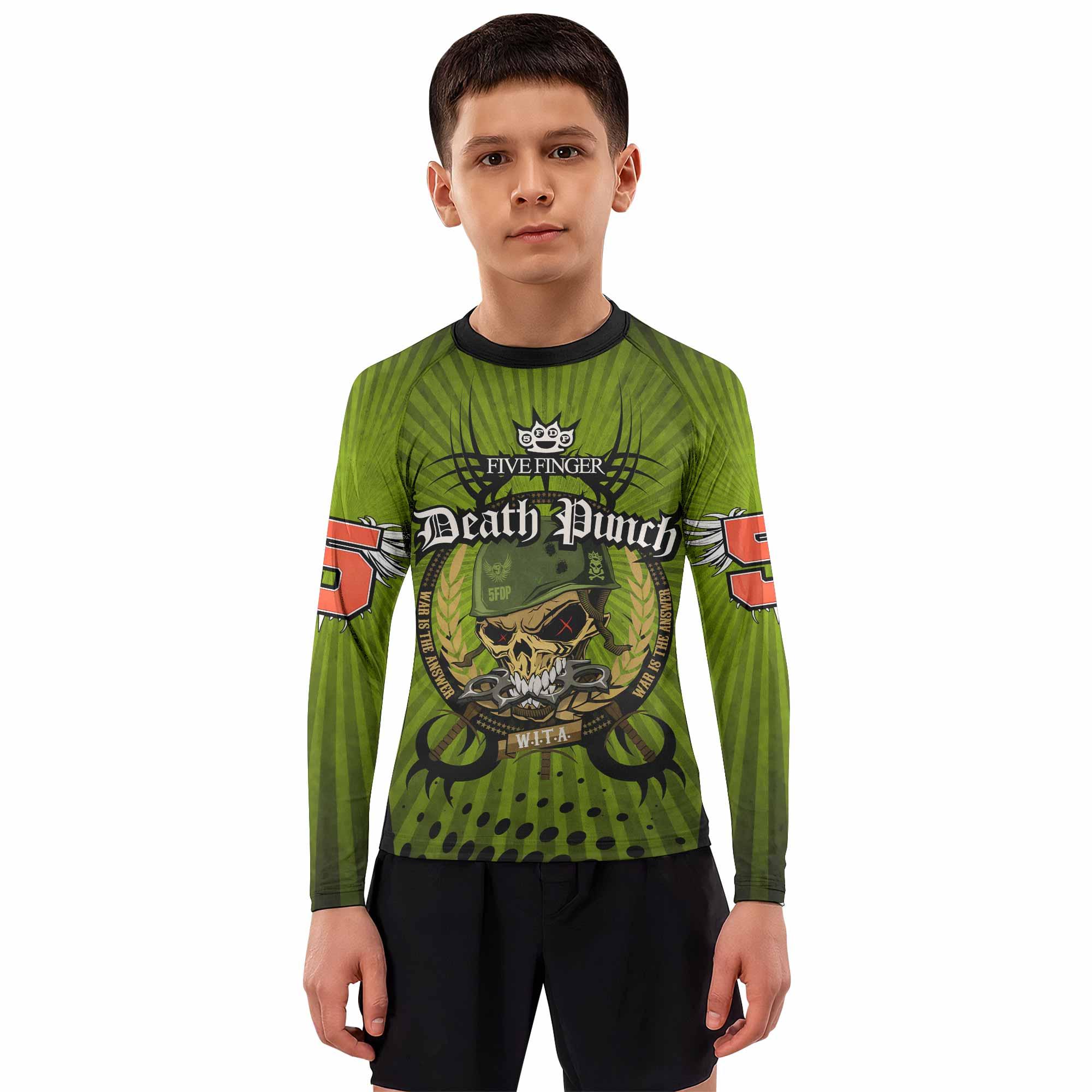 Five Finger Death Punch Green V Kids Rash Guard Long Sleeve - boy's lifestyle view