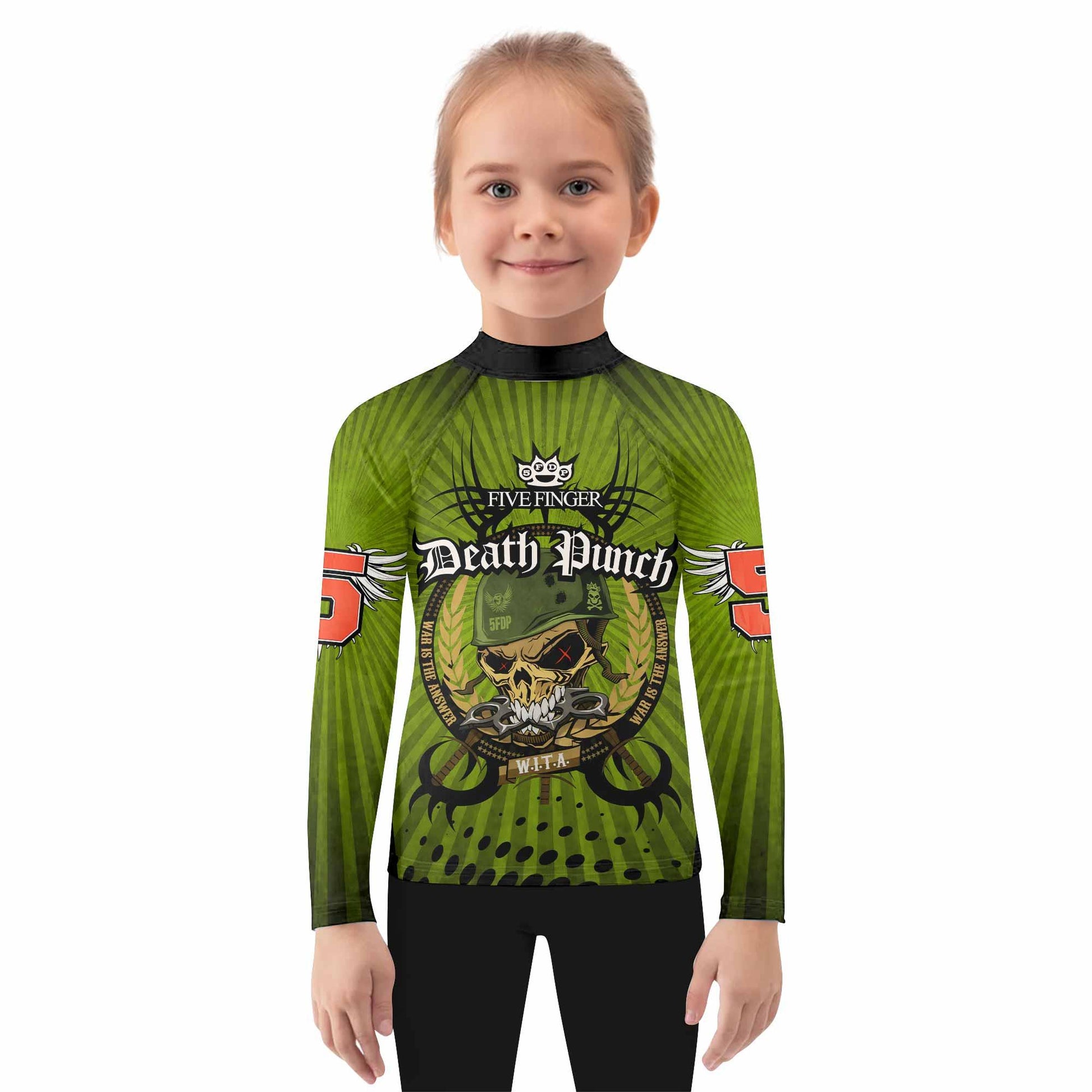 Five Finger Death Punch Green V Kids Rash Guard Long Sleeve - girl's lifestyle view