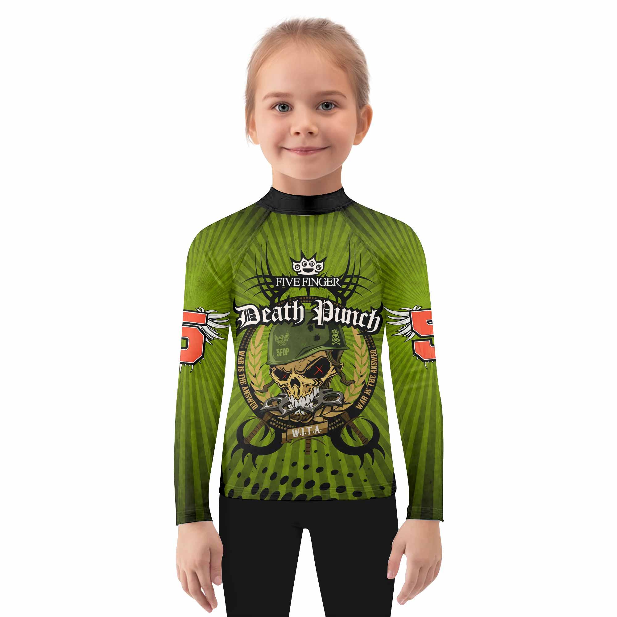 Five Finger Death Punch Green V Kids Rash Guard Long Sleeve - girl's lifestyle view