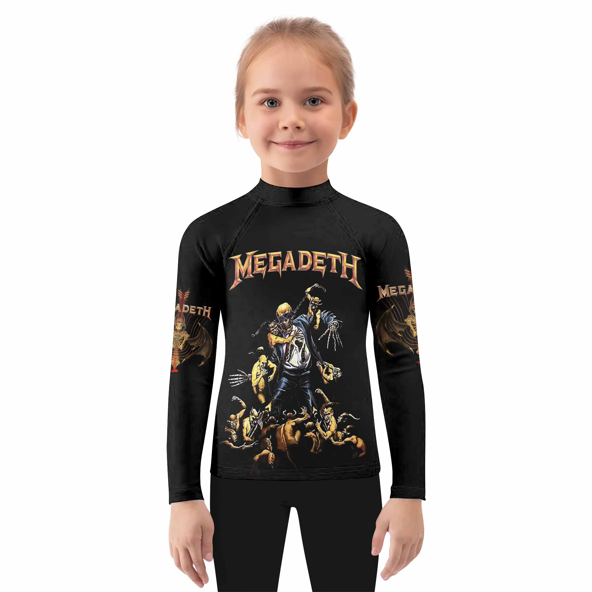 Megadeth Holy Wars 991 Wild Oats Kids Rash Guard Long Sleeve - girl's lifestyle view