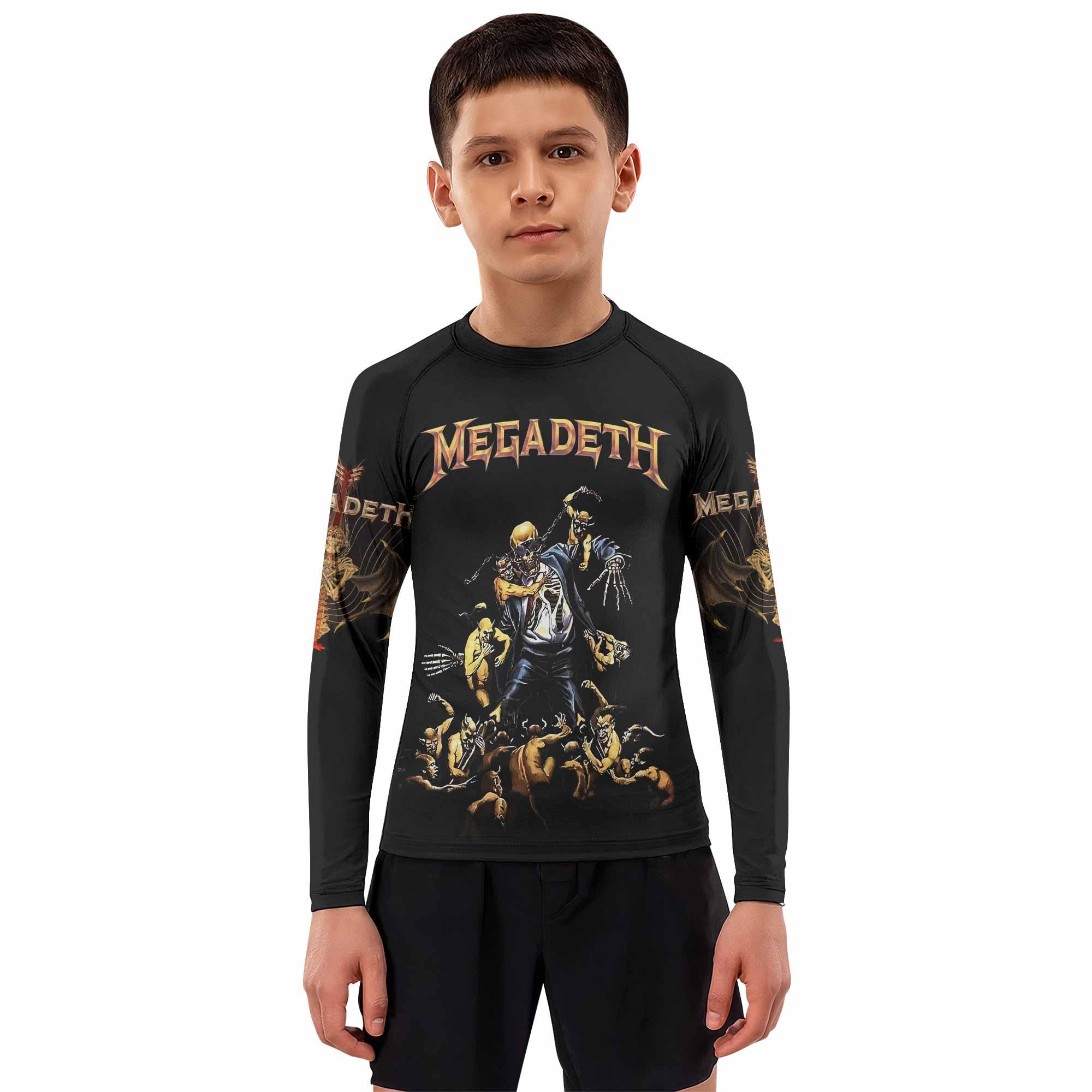 Megadeth Holy Wars 991 Wild Oats Kids Rash Guard Long Sleeve - boy's lifestyle view