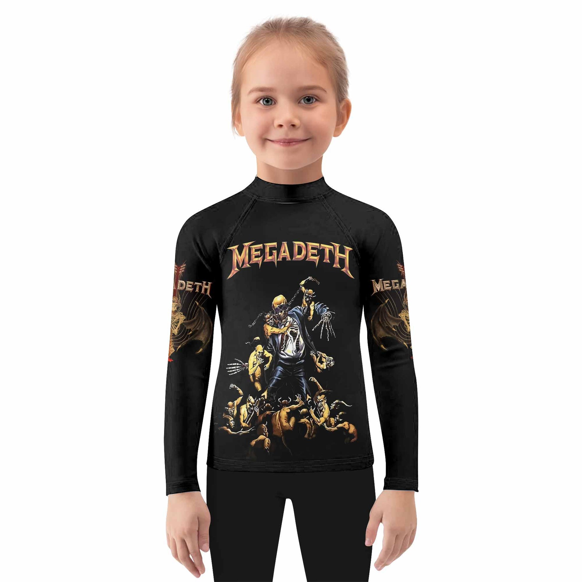 Megadeth Holy Wars 991 Wild Oats Kids Rash Guard Long Sleeve - girl's lifestyle view