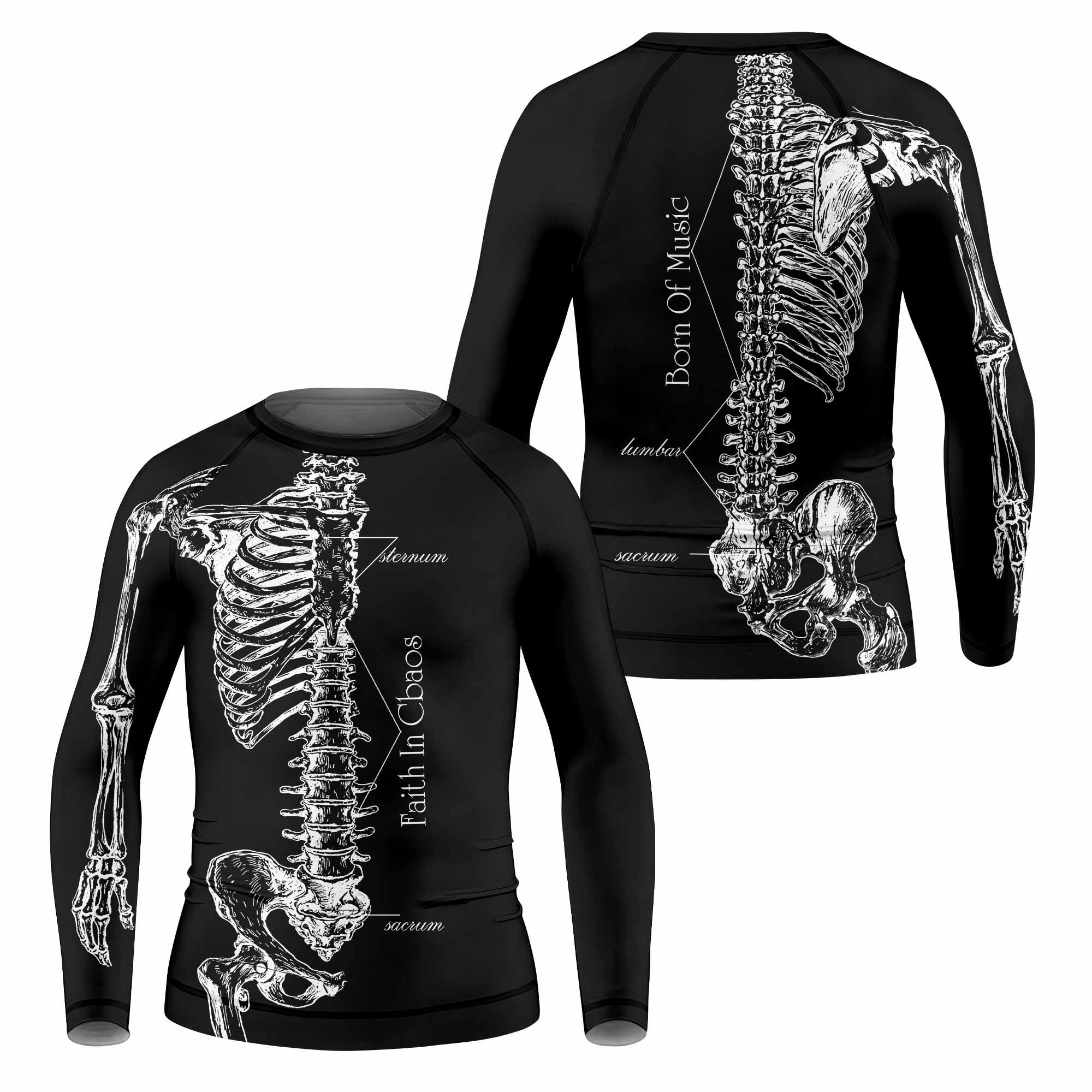 Faith In Chaos Skeleton Kids Rash Guard Long Sleeve - front and back view