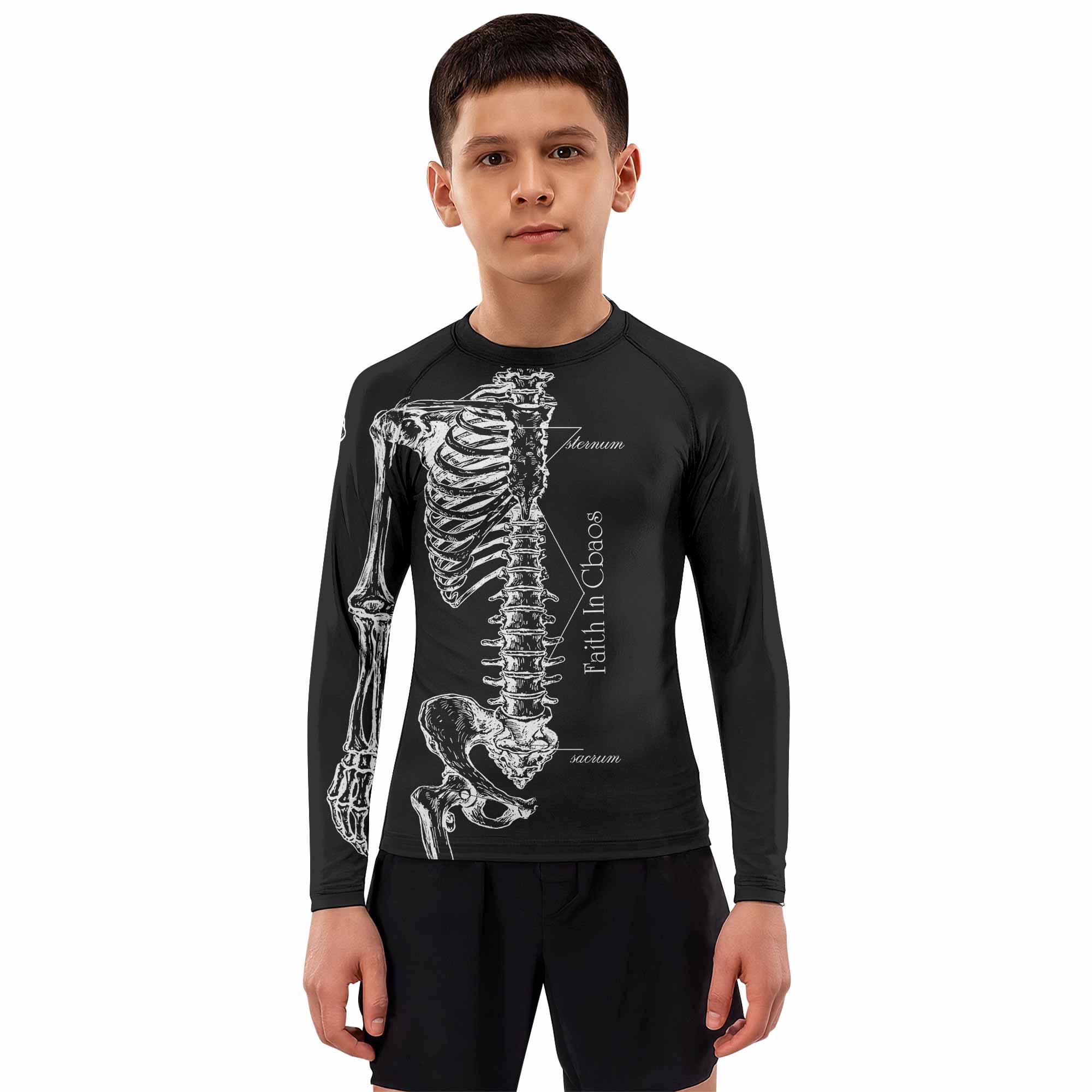 Faith In Chaos Skeleton Kids Rash Guard Long Sleeve - boy's lifestyle view