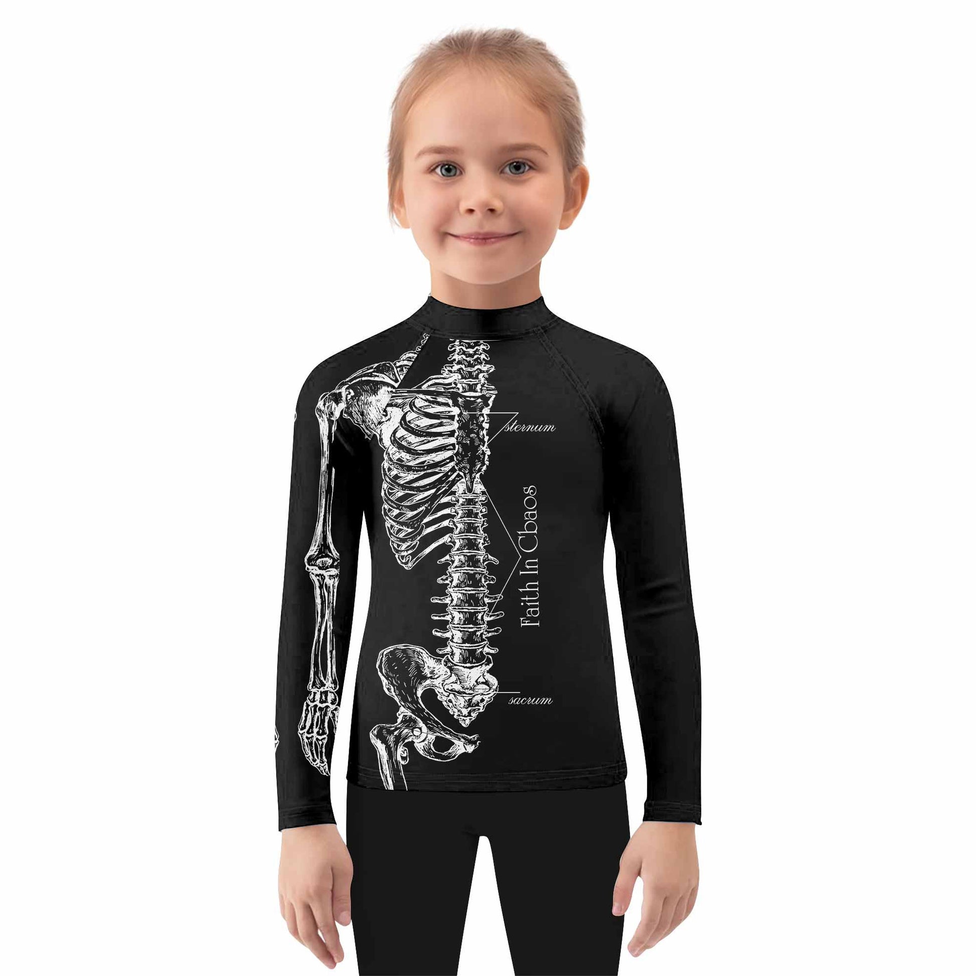 Faith In Chaos Skeleton Kids Rash Guard Long Sleeve - girl's lifestyle view