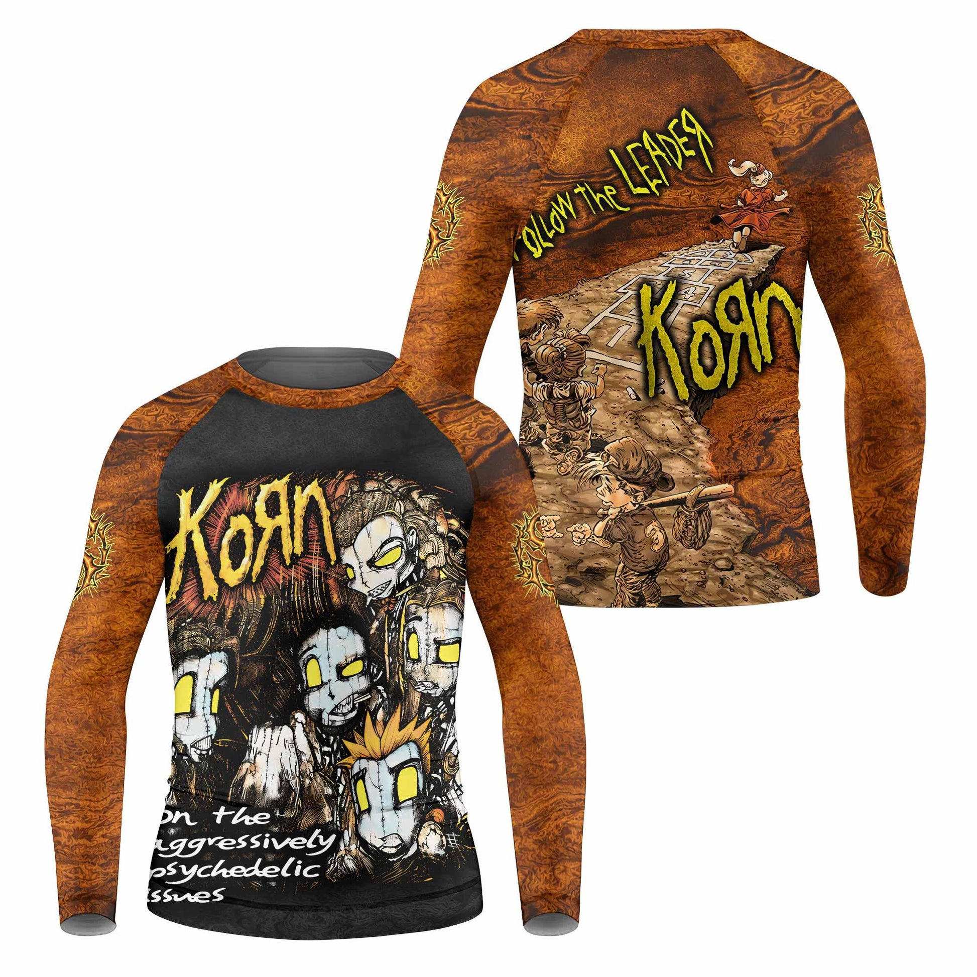 Follow the Leader Korn Kids Rash Guard Long Sleeve - front and back view