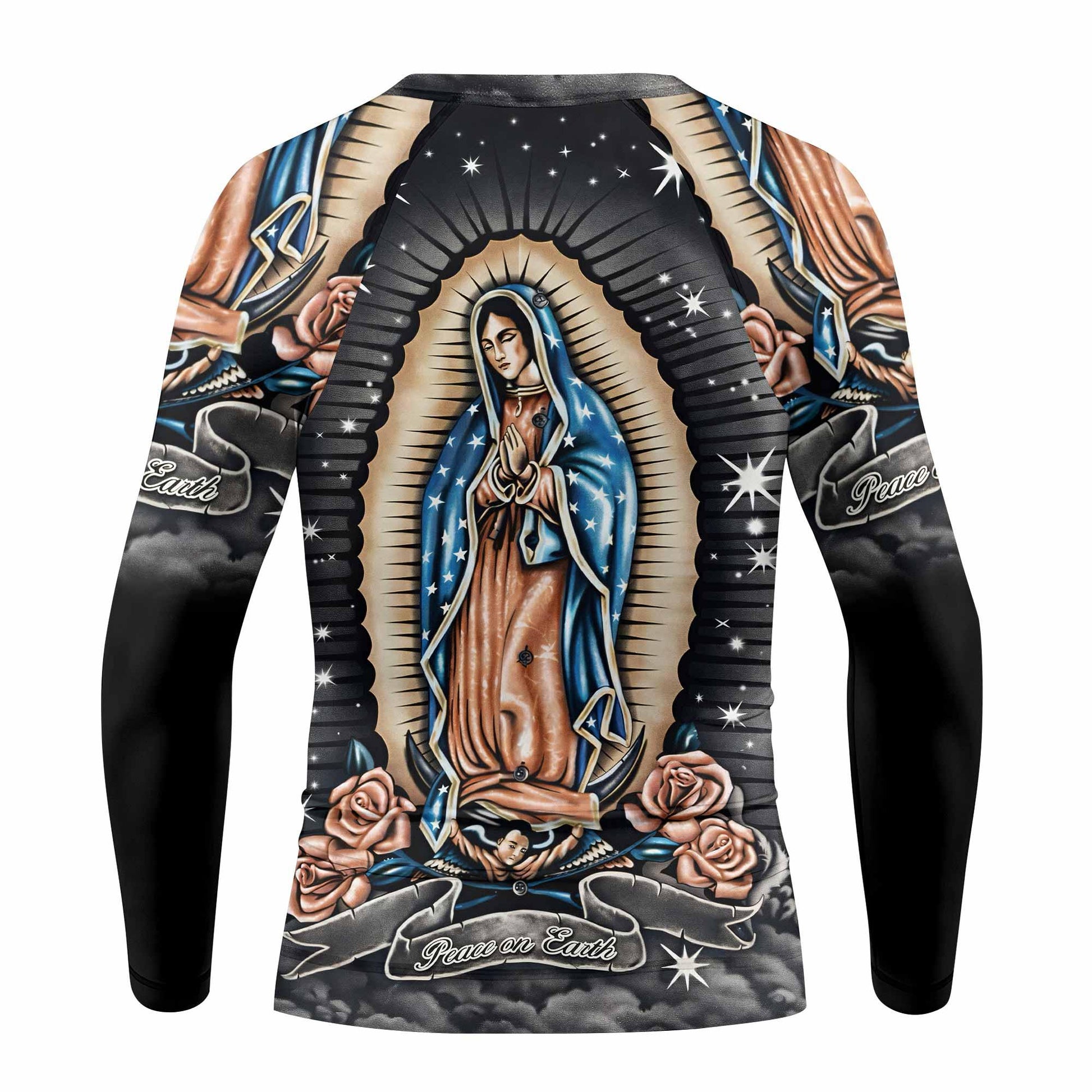 Peace on Earth Kids Rash Guard Long Sleeve - back view mockup