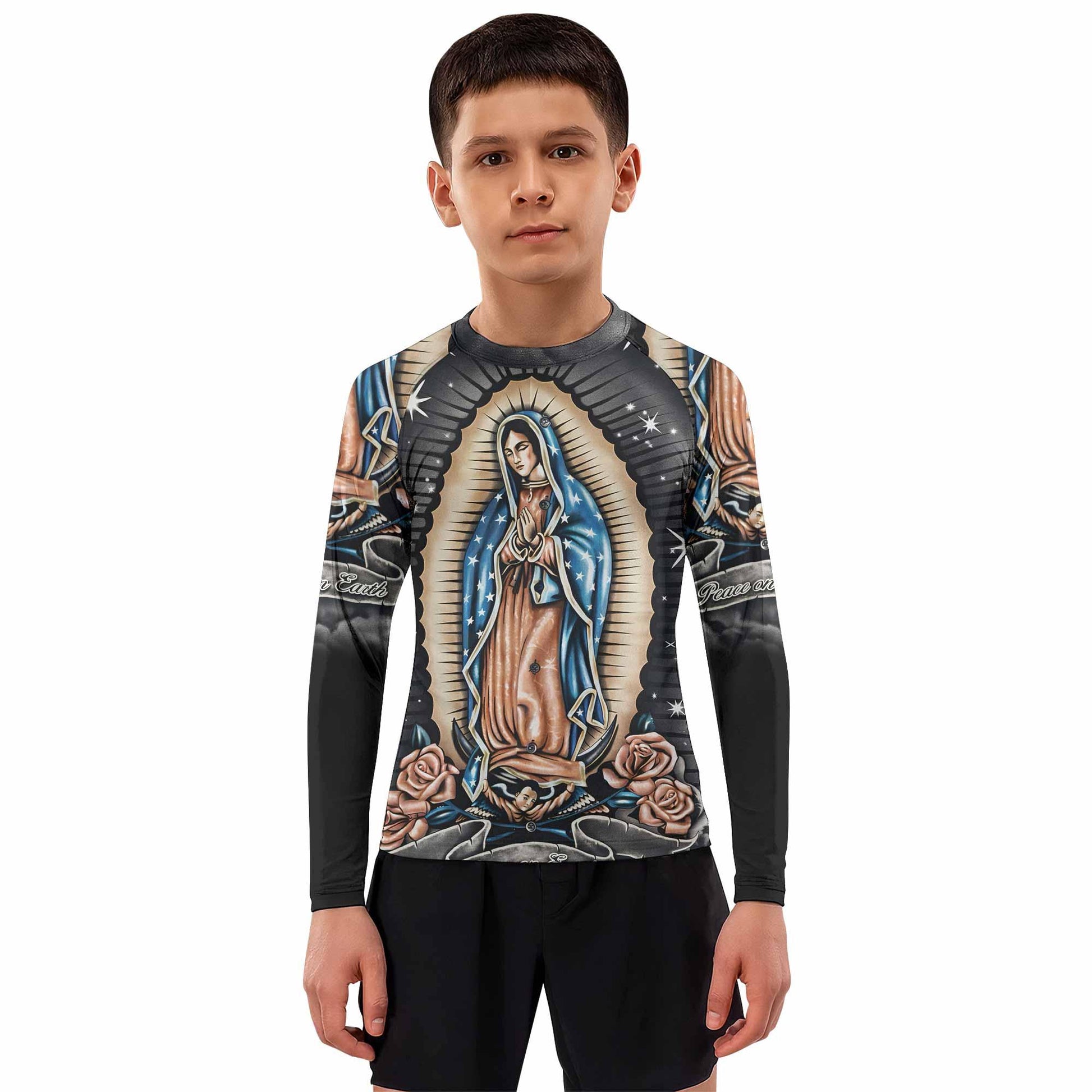 Peace on Earth Kids Rash Guard Long Sleeve - boy's lifestyle view