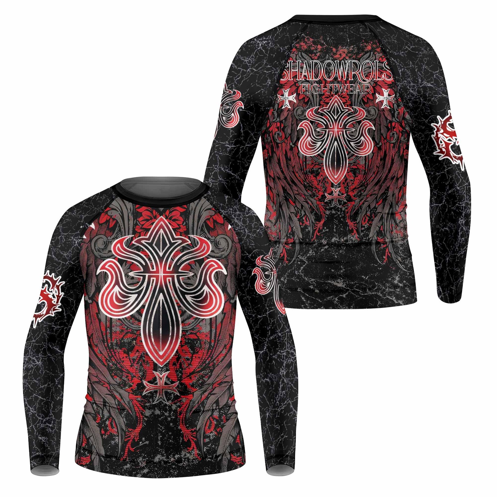 Crimson Faith Cross Kids Rash Guard Long Sleeve - front and back view