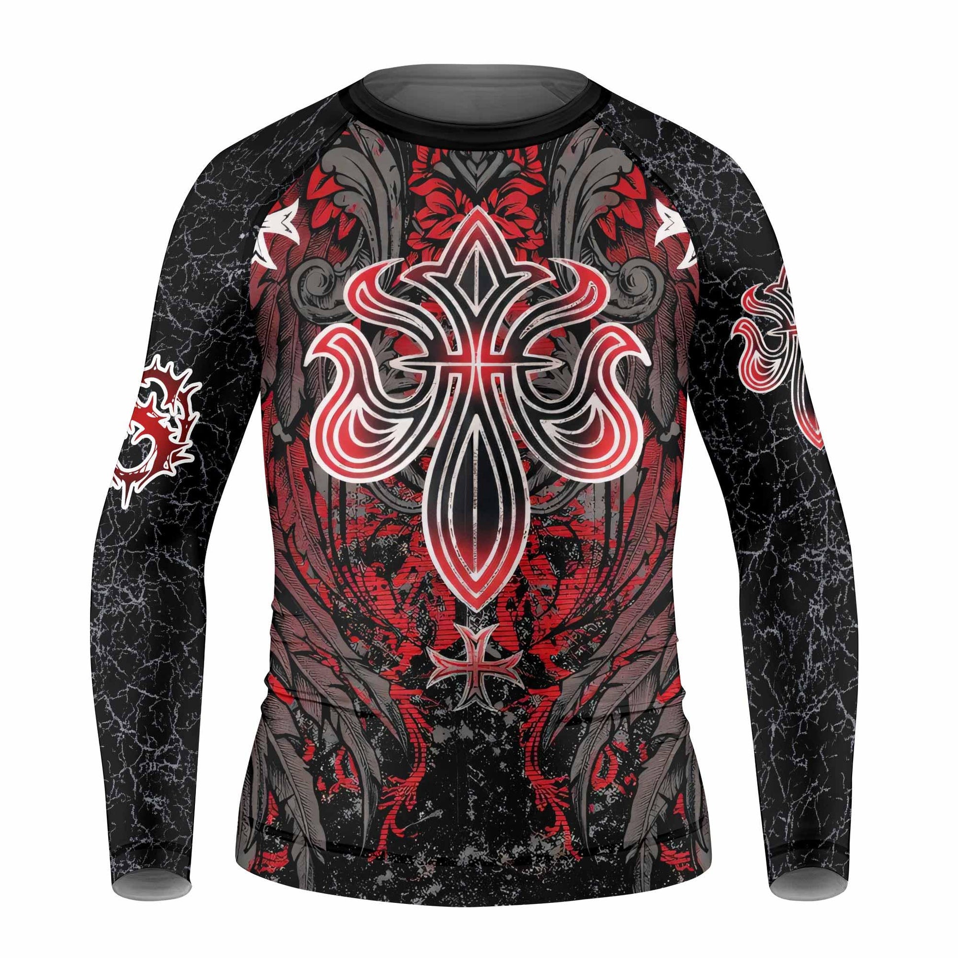 Crimson Faith Cross Kids Rash Guard Long Sleeve - front view mockup