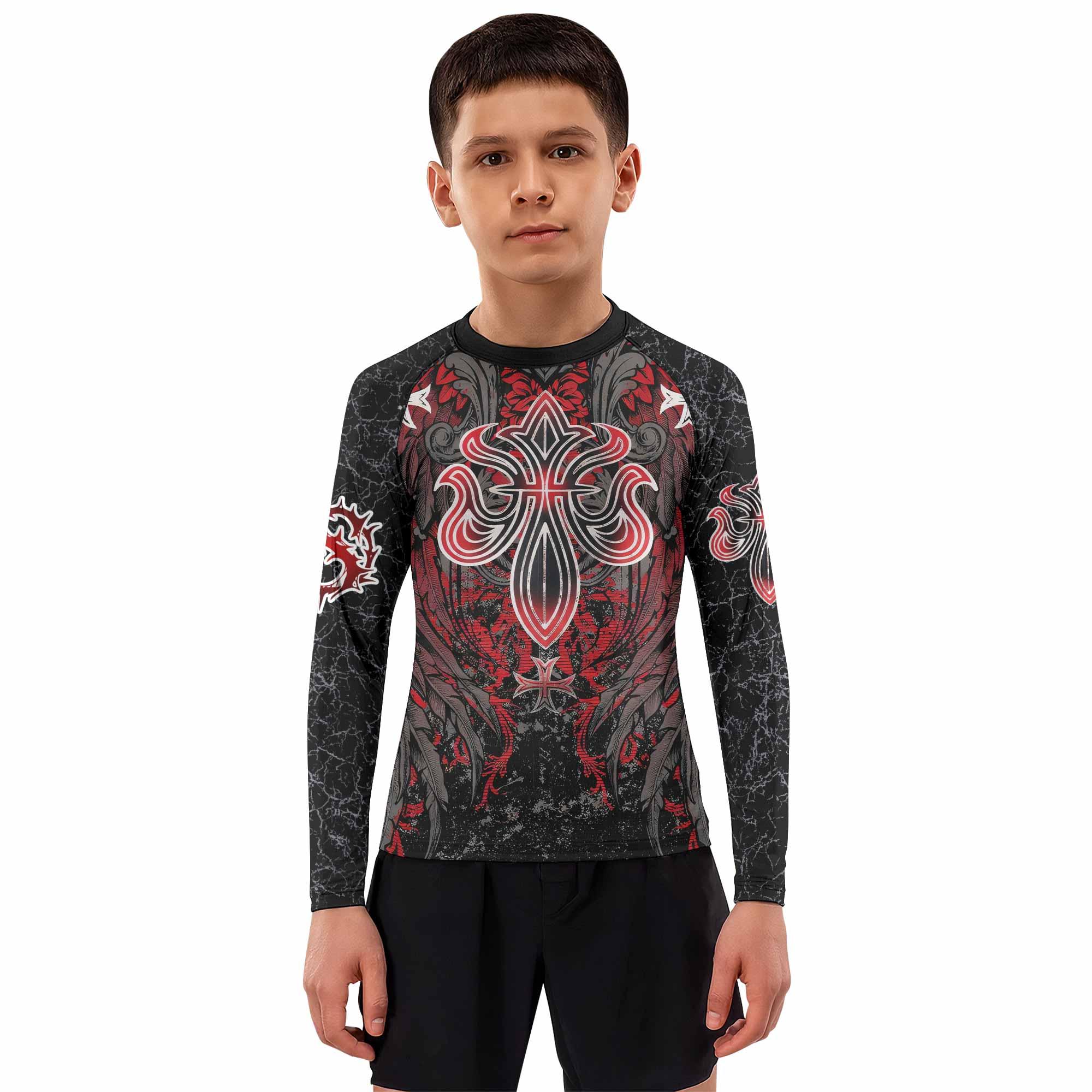 Crimson Faith Cross Kids Rash Guard Long Sleeve - boy's lifestyle view