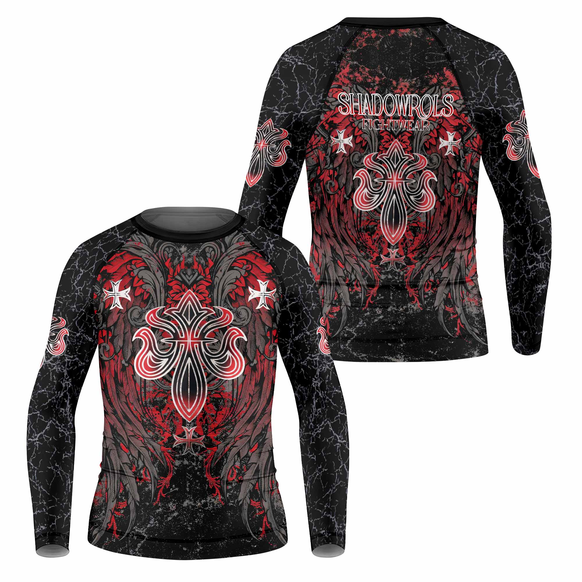 Crimson Faith Cross Kids Rash Guard Long Sleeve - front and back view