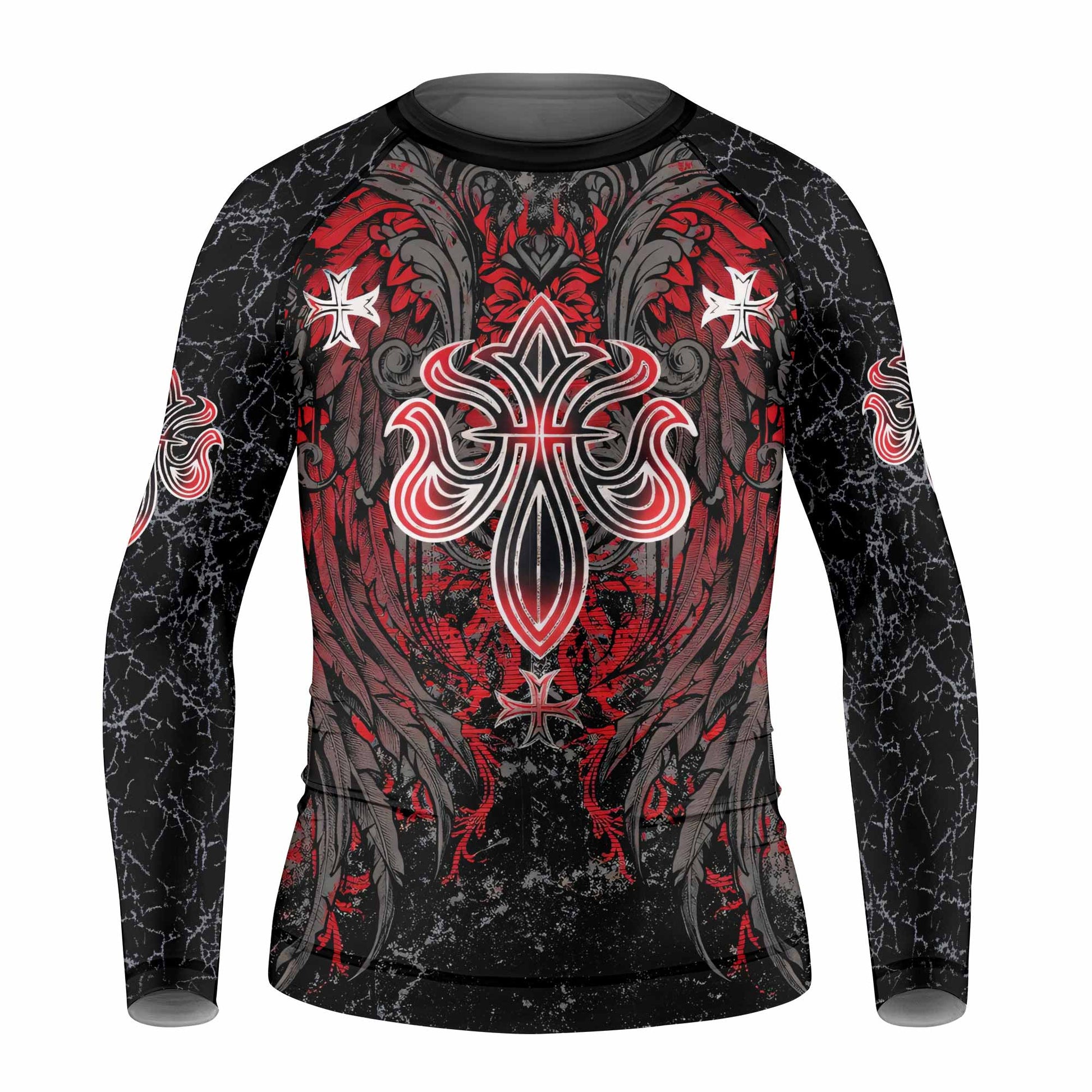 Crimson Faith Cross Kids Rash Guard Long Sleeve - front view mockup