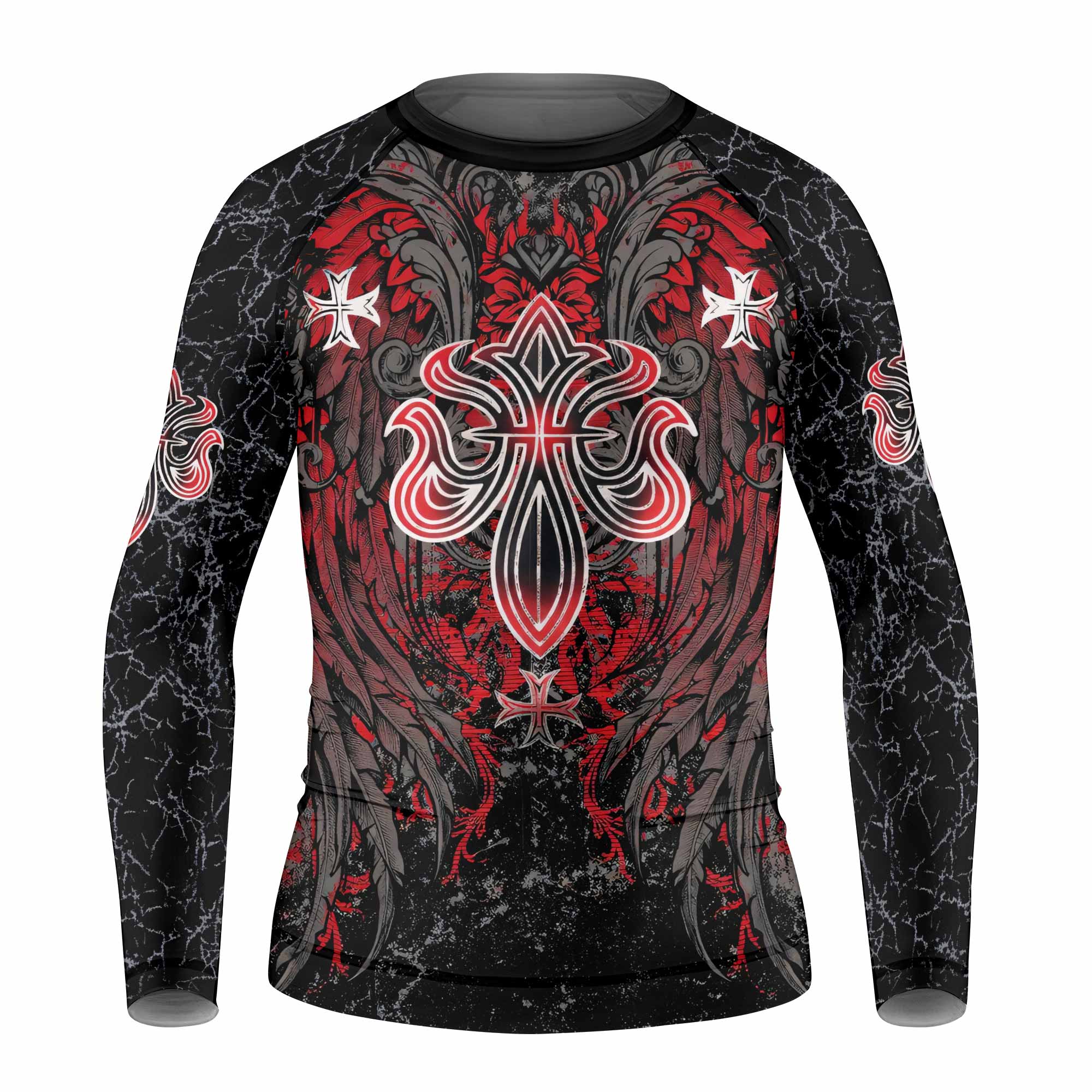 Crimson Faith Cross Kids Rash Guard Long Sleeve - front view mockup