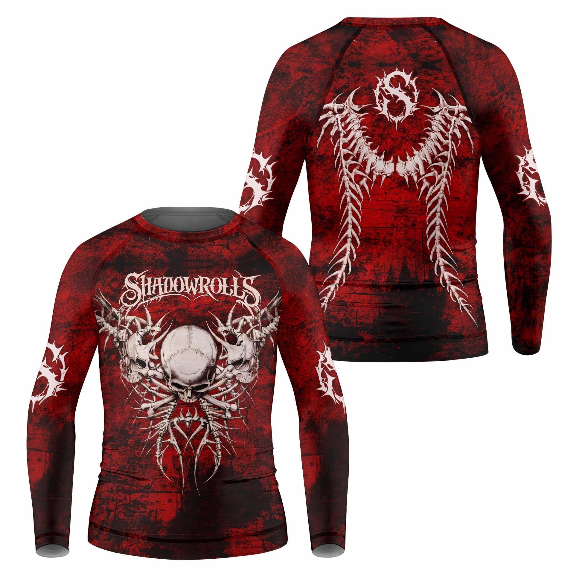 Blood Spine Skull Kids Rash Guard Long Sleeve - front and back view