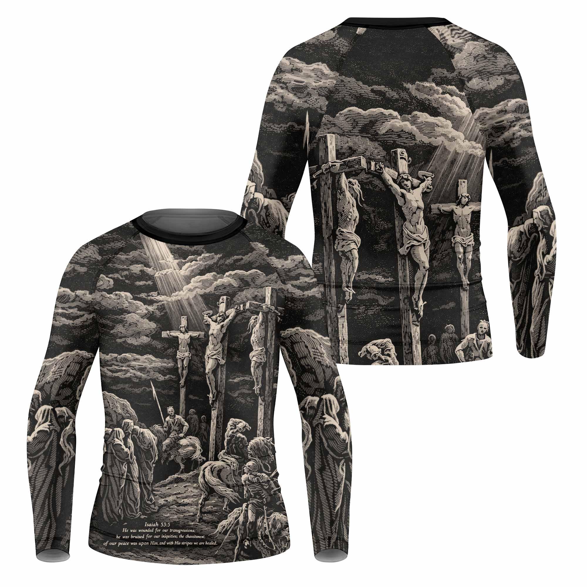 By His Stripes We Are Healed Kids Rash Guard Long Sleeve - front and back view