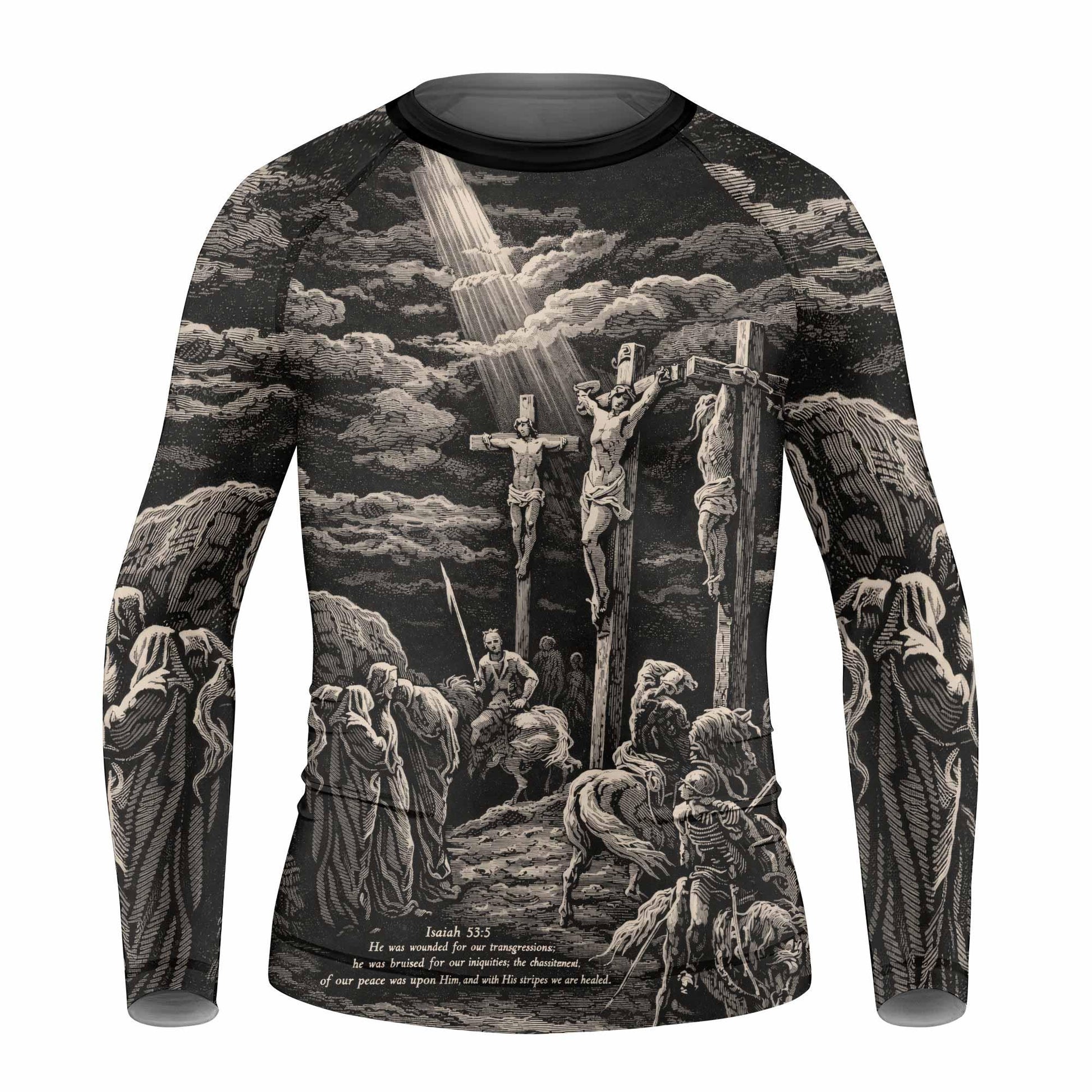 By His Stripes We Are Healed Kids Rash Guard Long Sleeve - front view mockup