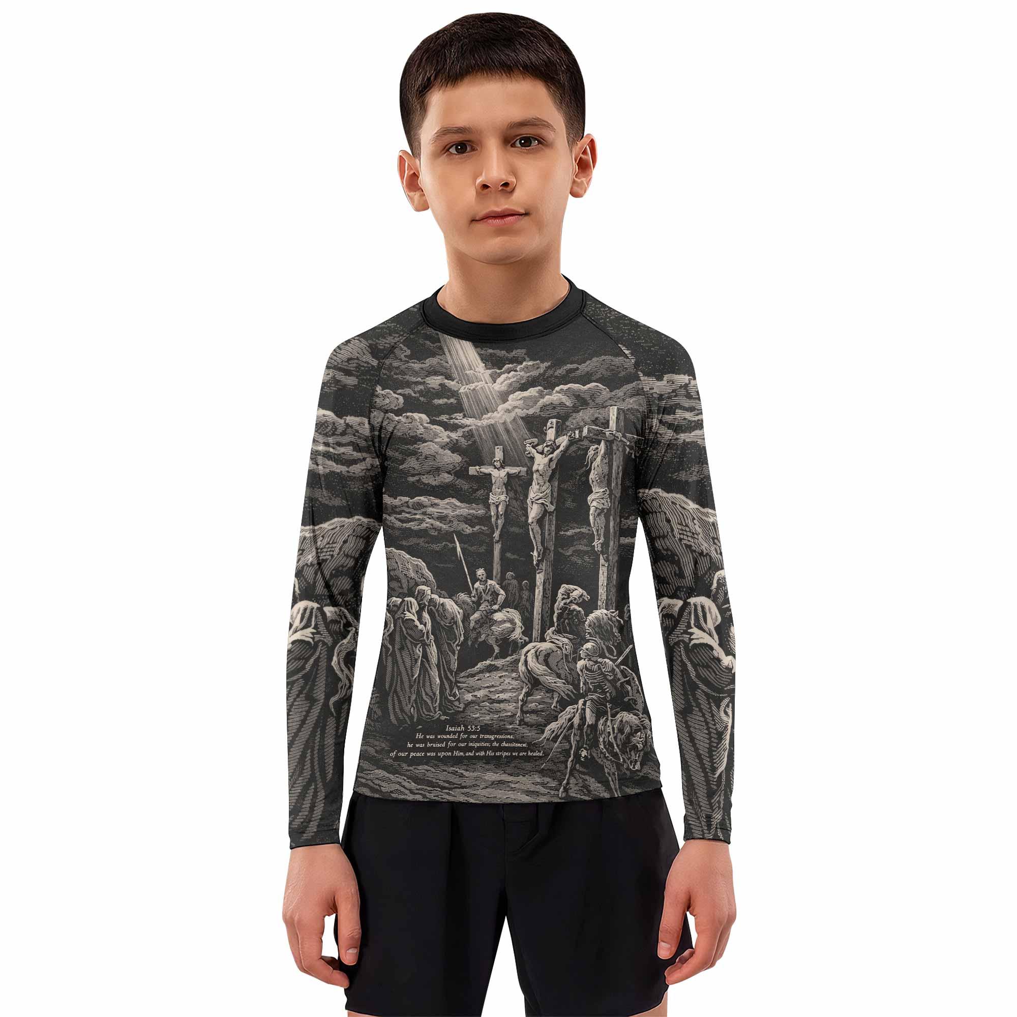 By His Stripes We Are Healed Kids Rash Guard Long Sleeve - boy's lifestyle view