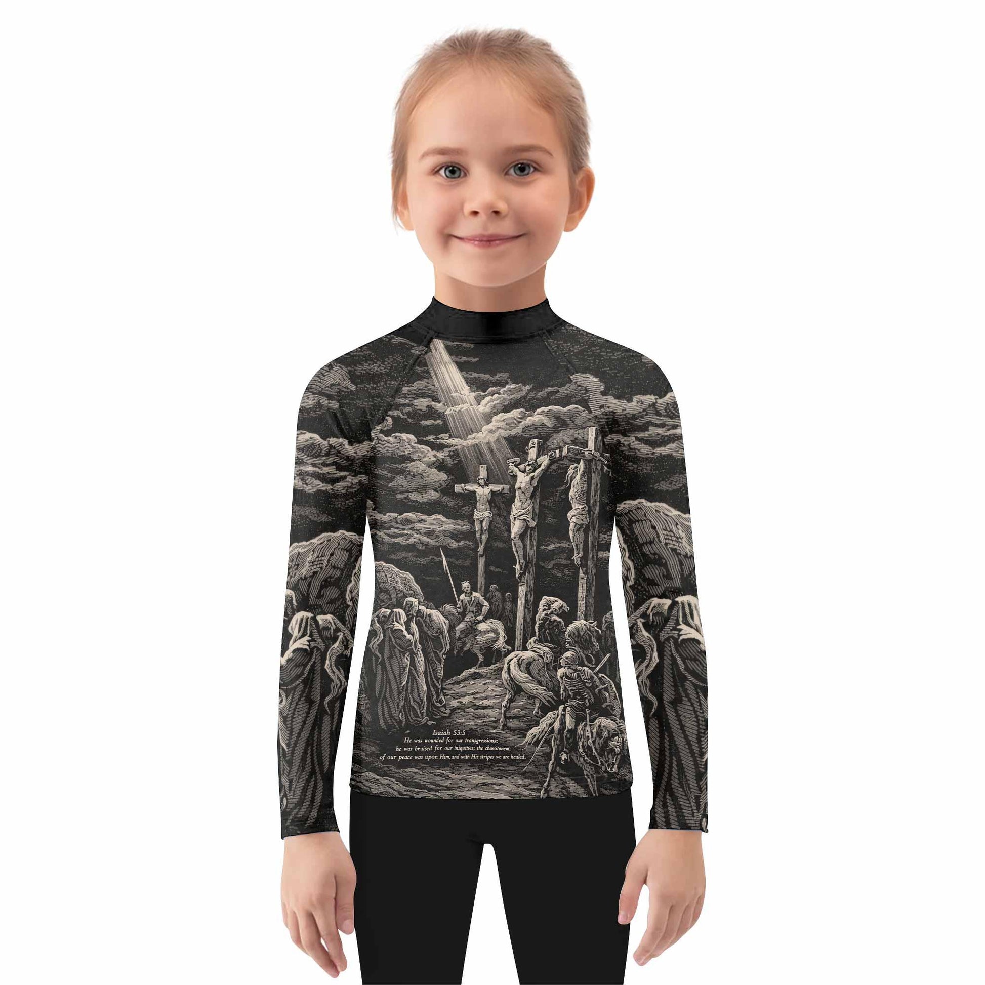 By His Stripes We Are Healed Kids Rash Guard Long Sleeve - girl's lifestyle view