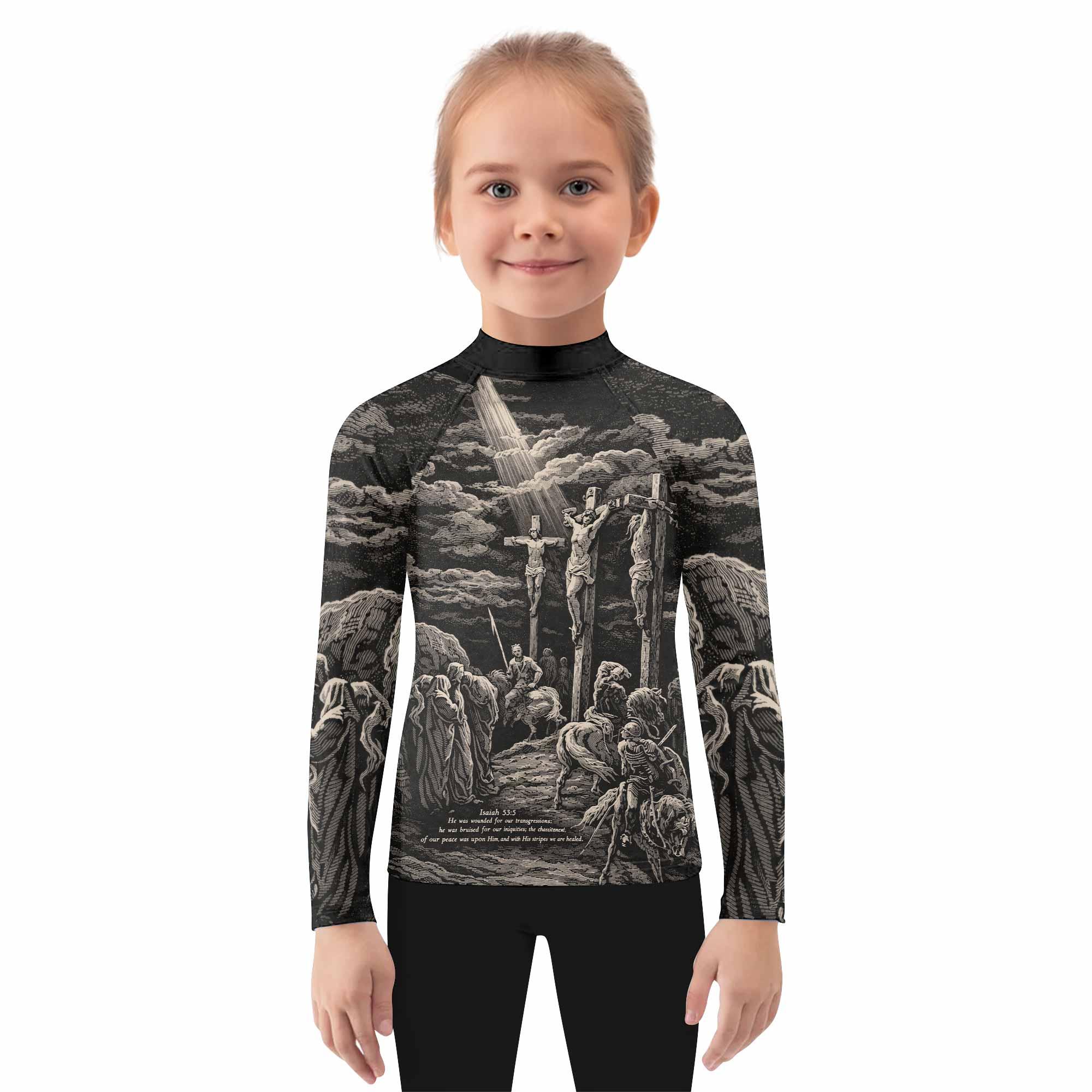 By His Stripes We Are Healed Kids Rash Guard Long Sleeve - girl's lifestyle view