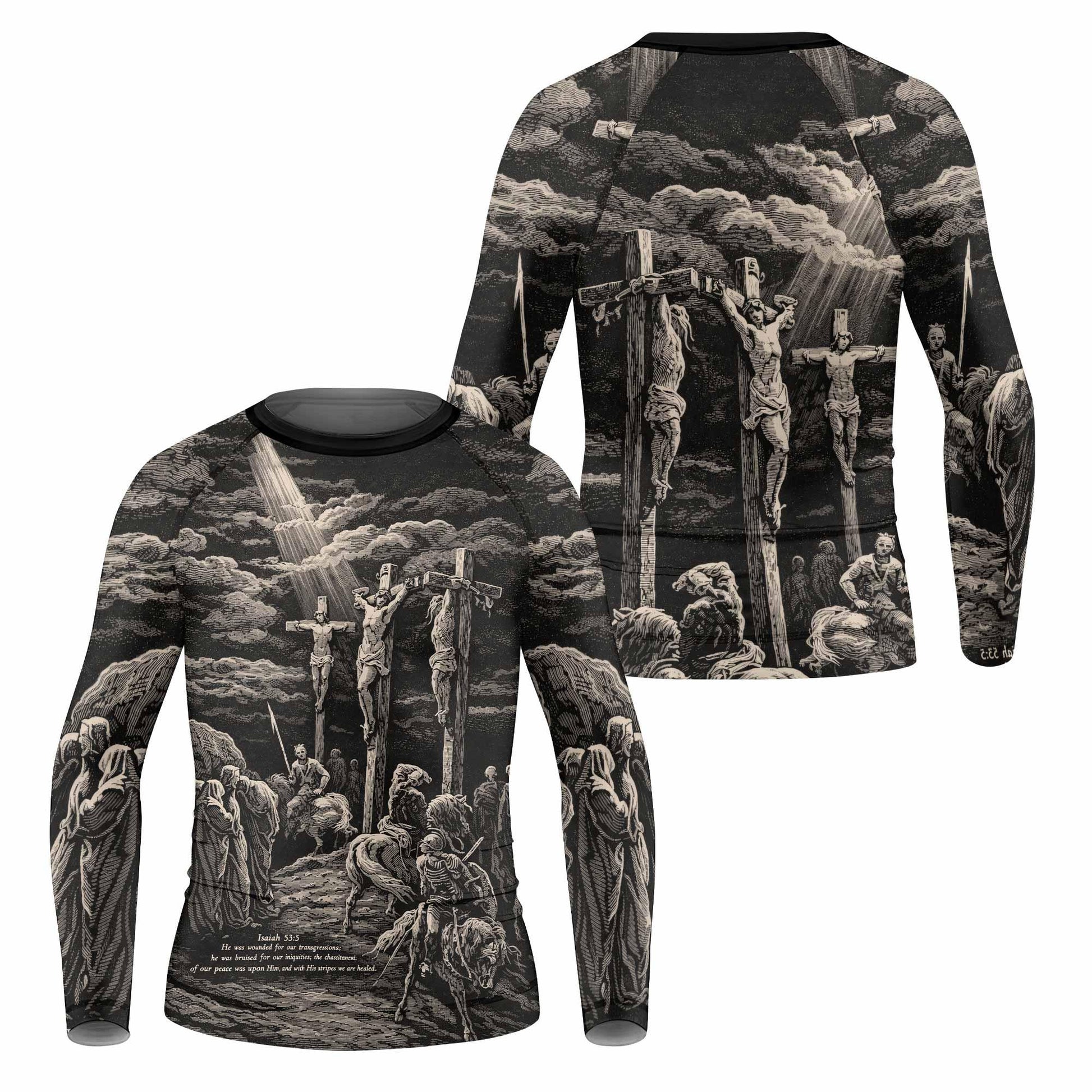 By His Stripes We Are Healed Kids Rash Guard Long Sleeve - front and back view