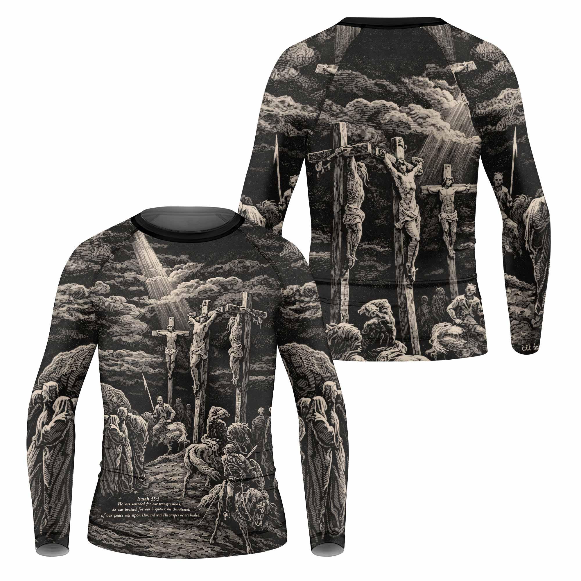 By His Stripes We Are Healed Kids Rash Guard Long Sleeve - front and back view