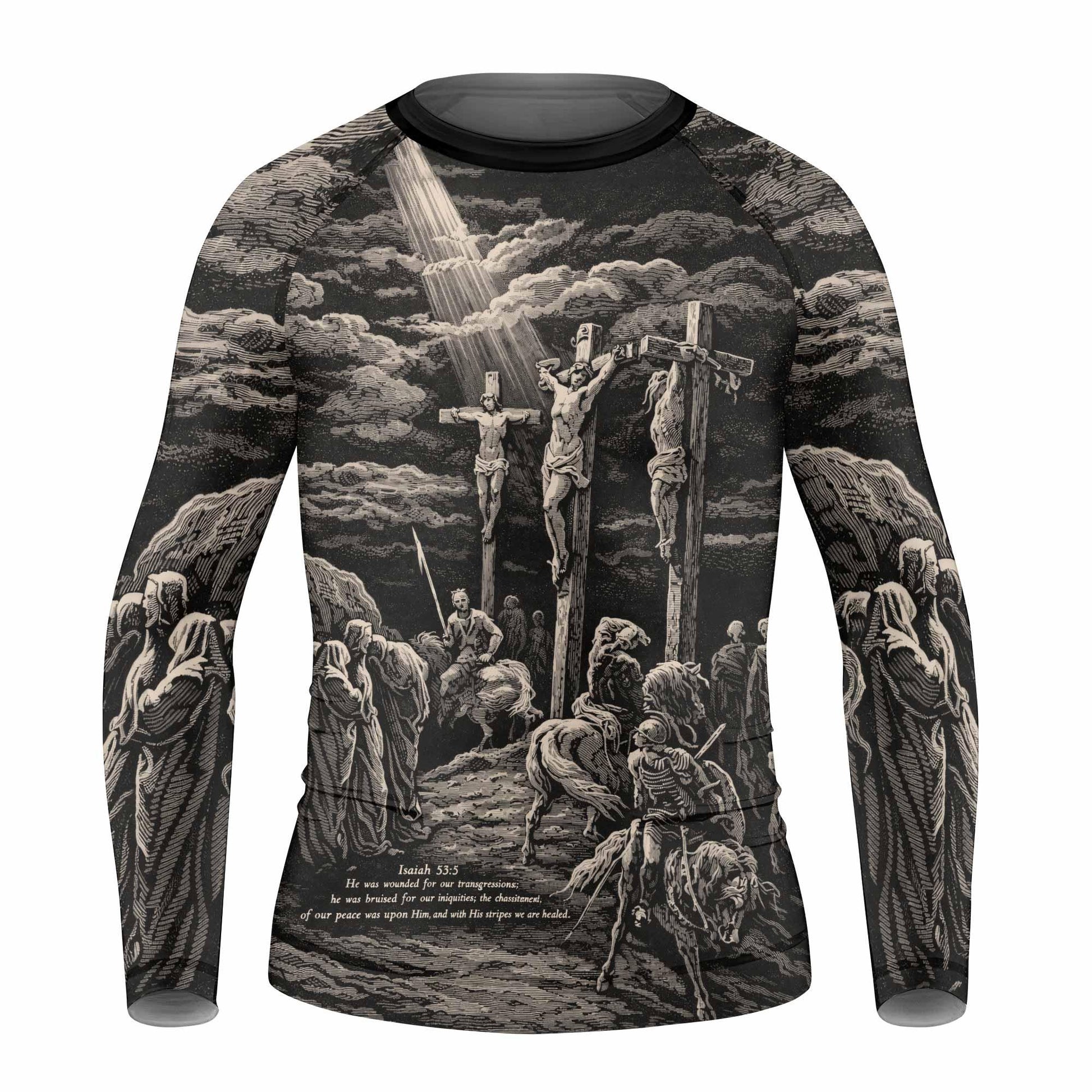 By His Stripes We Are Healed Kids Rash Guard Long Sleeve - front view mockup