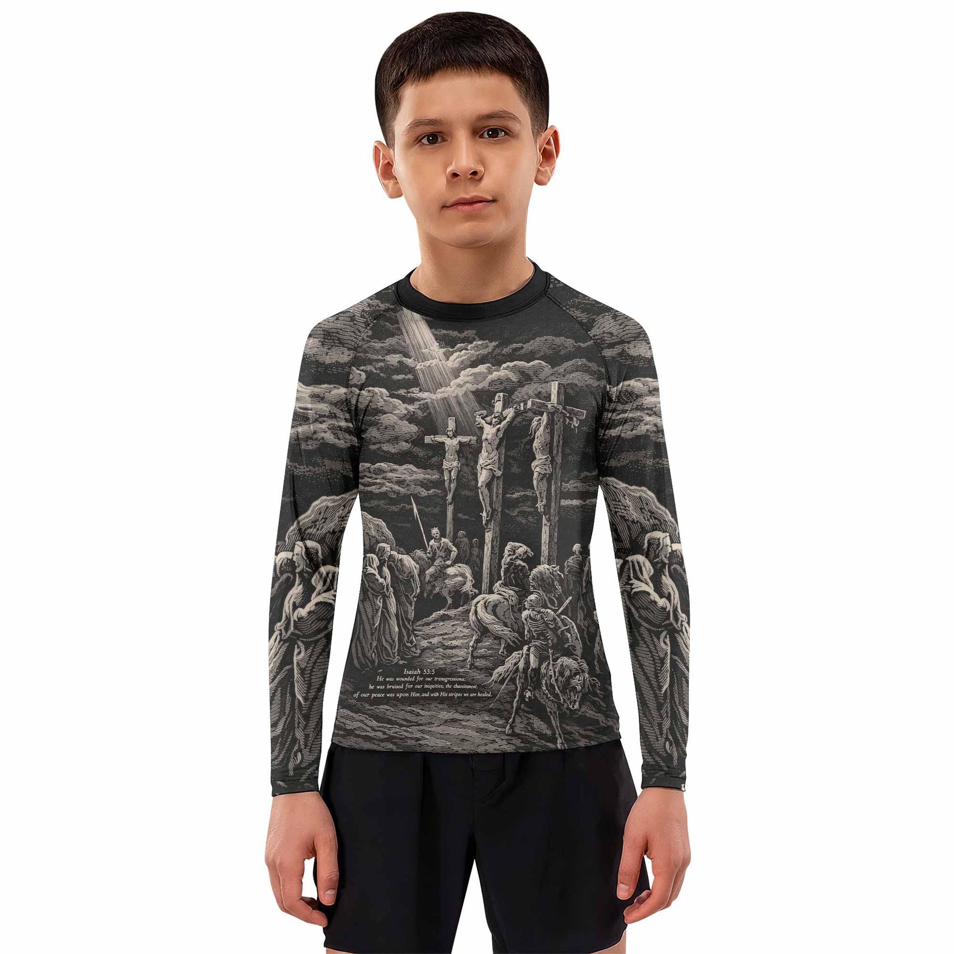By His Stripes We Are Healed Kids Rash Guard Long Sleeve - boy's lifestyle view