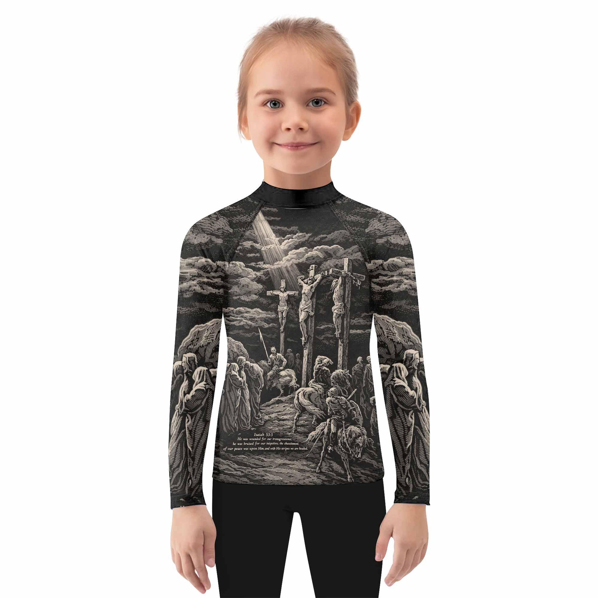 By His Stripes We Are Healed Kids Rash Guard Long Sleeve - girl's lifestyle view