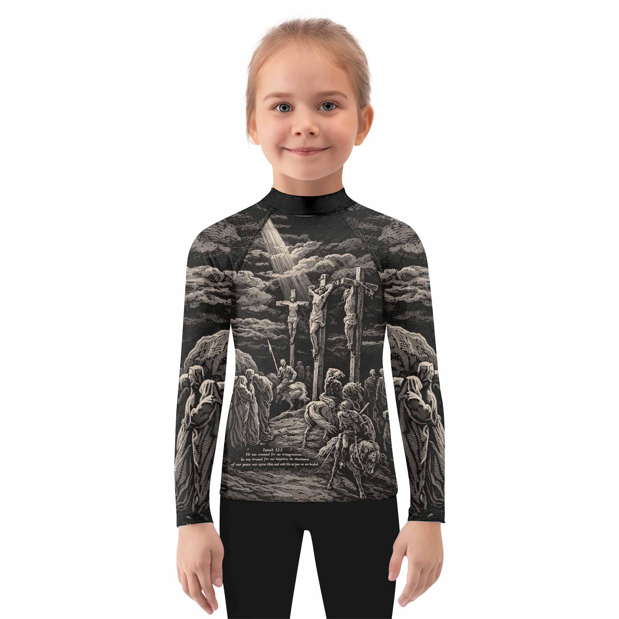 By His Stripes We Are Healed Kids Rash Guard Long Sleeve - girl's lifestyle view