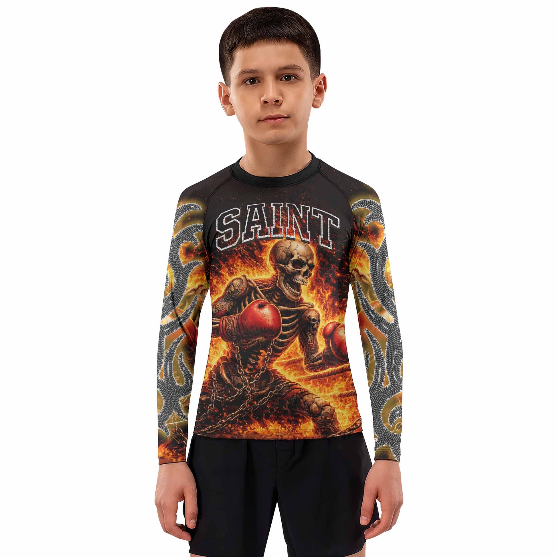 Saint King of Kings Kids Rash Guard Long Sleeve - boy's lifestyle view