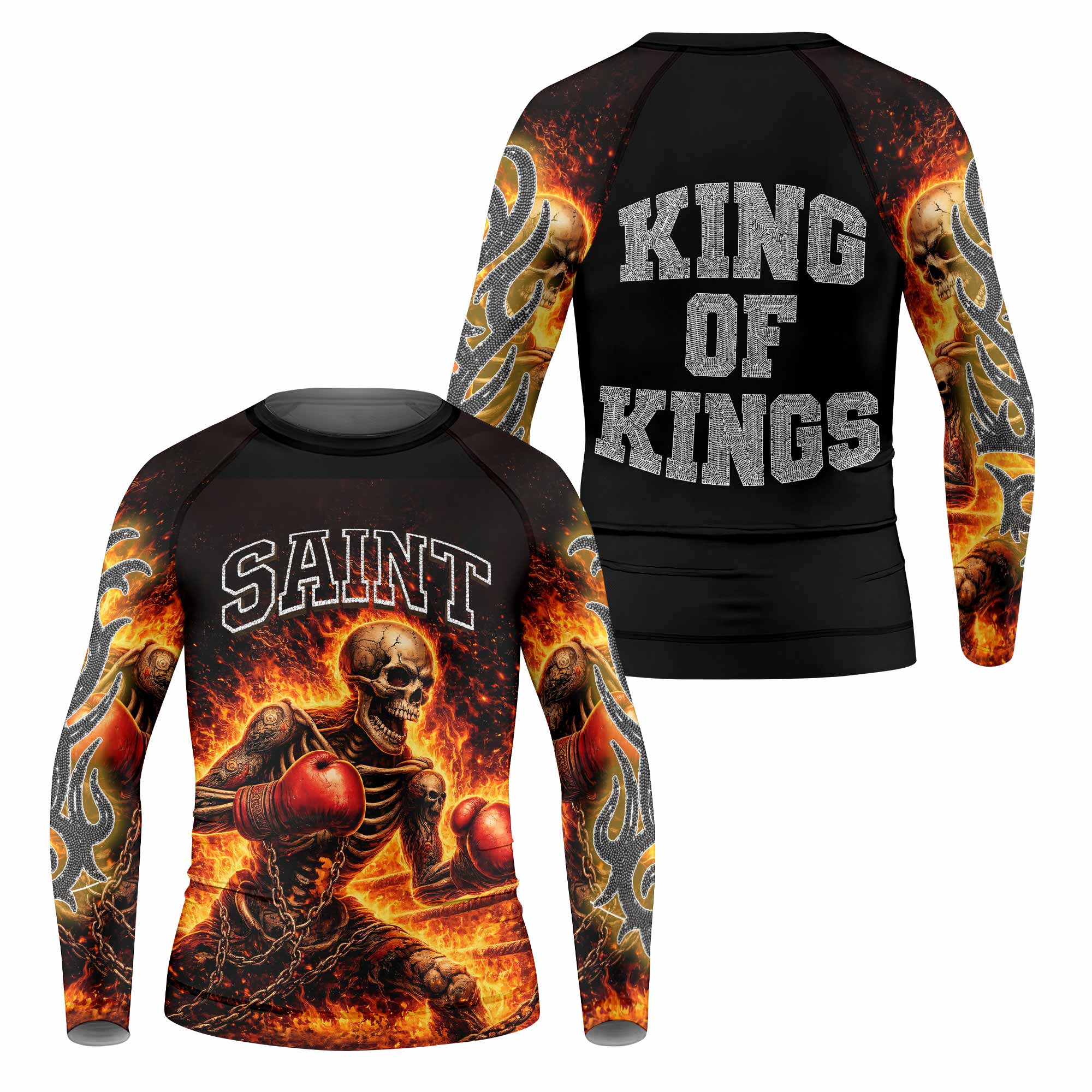 Saint King of Kings Kids Rash Guard Long Sleeve - front and back view