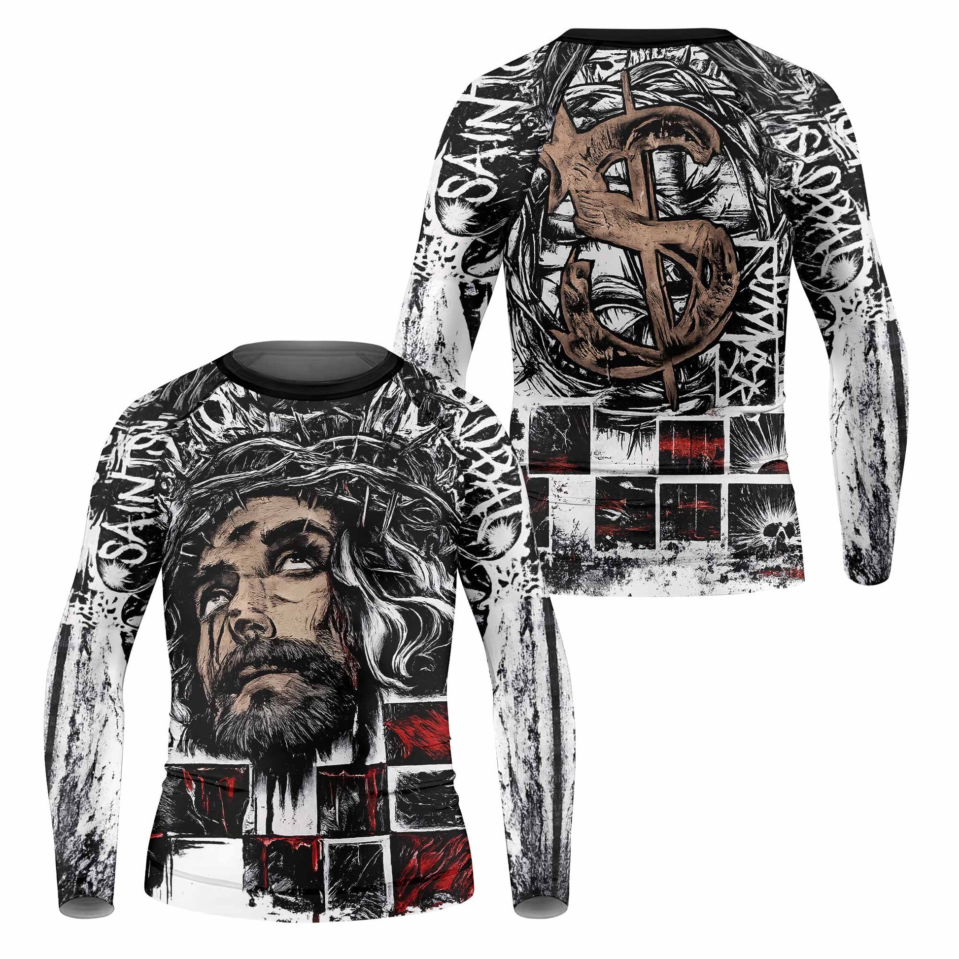 Man of Sorrows Kids Rash Guard Long Sleeve - front and back view