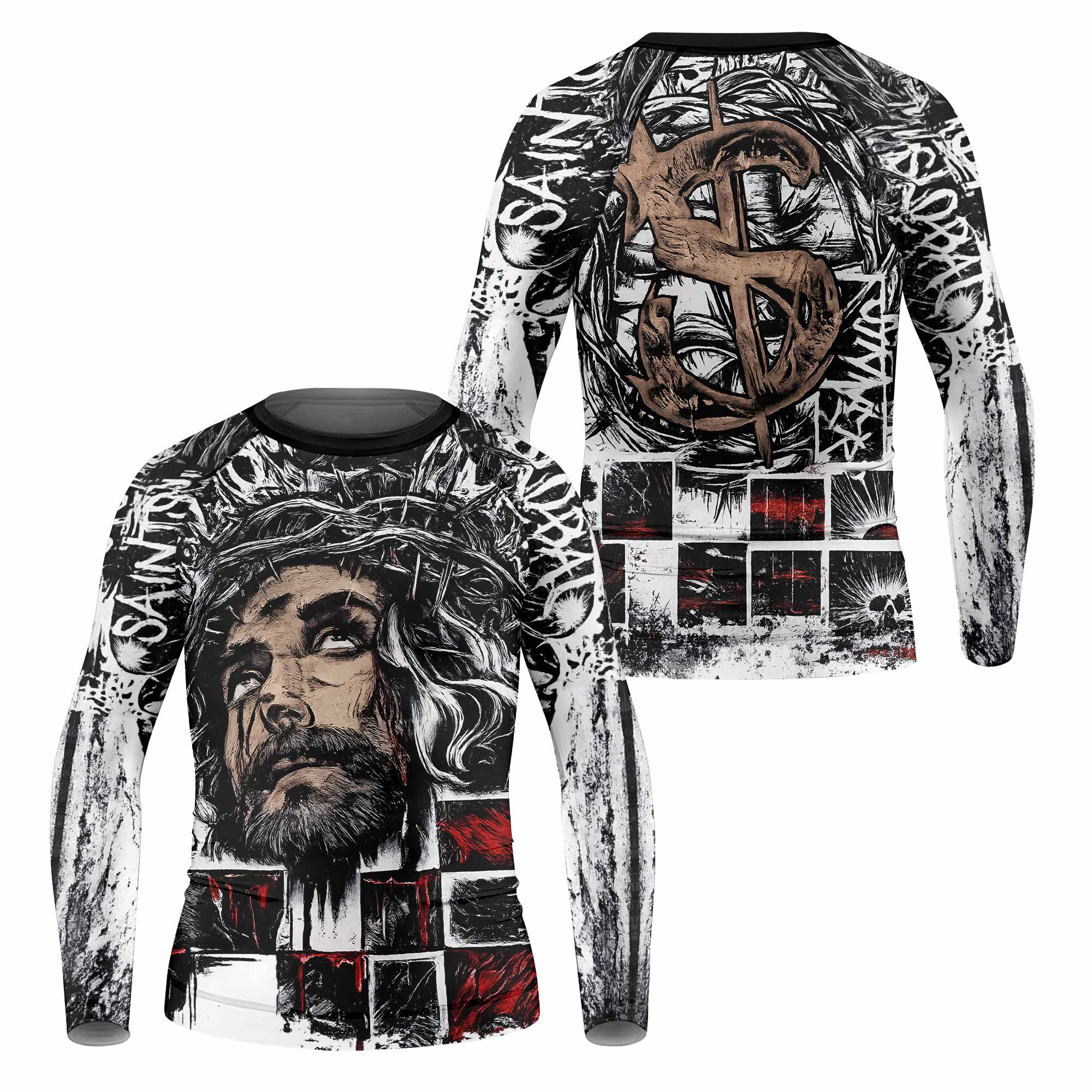 Man of Sorrows Kids Rash Guard Long Sleeve - front and back view