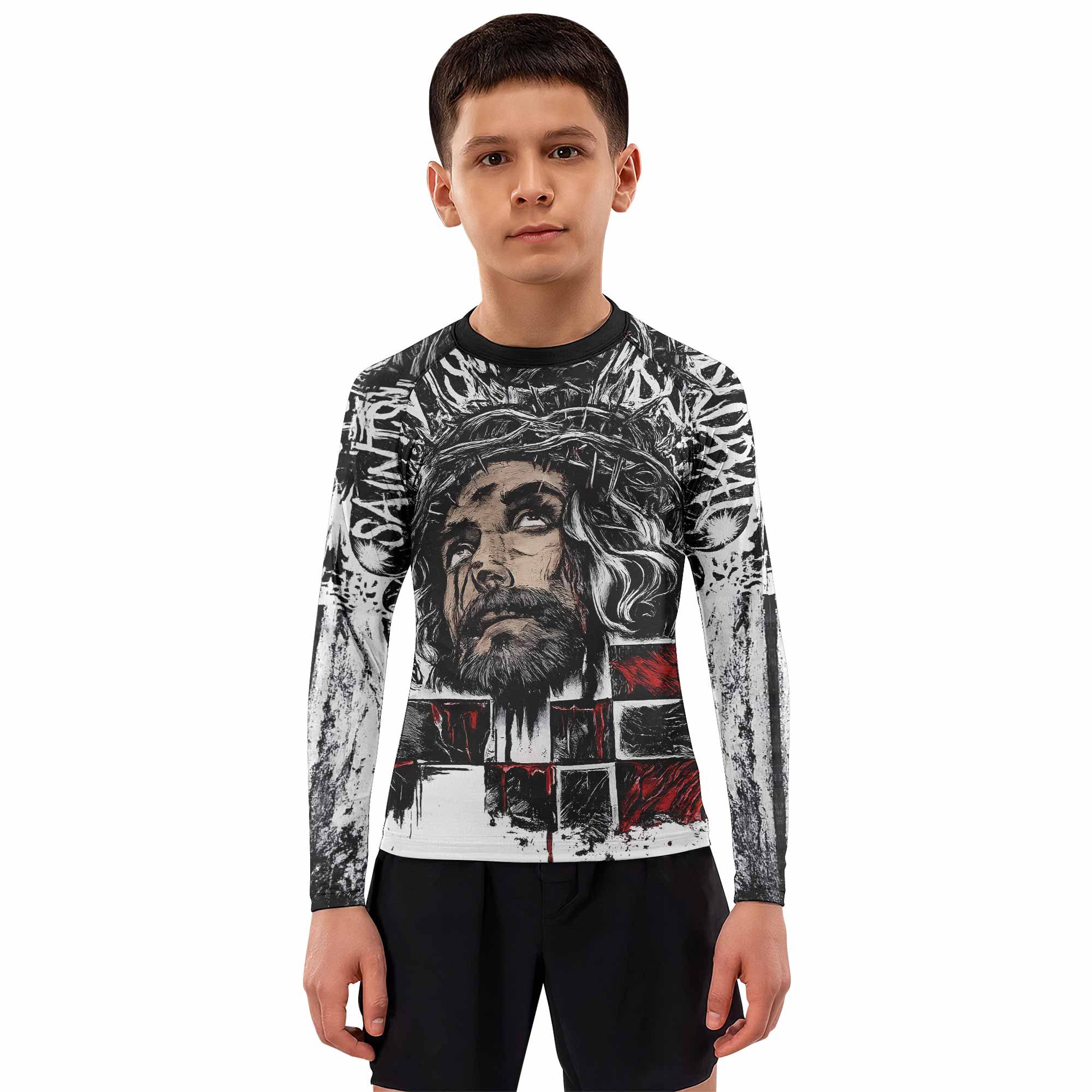 Man of Sorrows Kids Rash Guard Long Sleeve - boy's lifestyle view