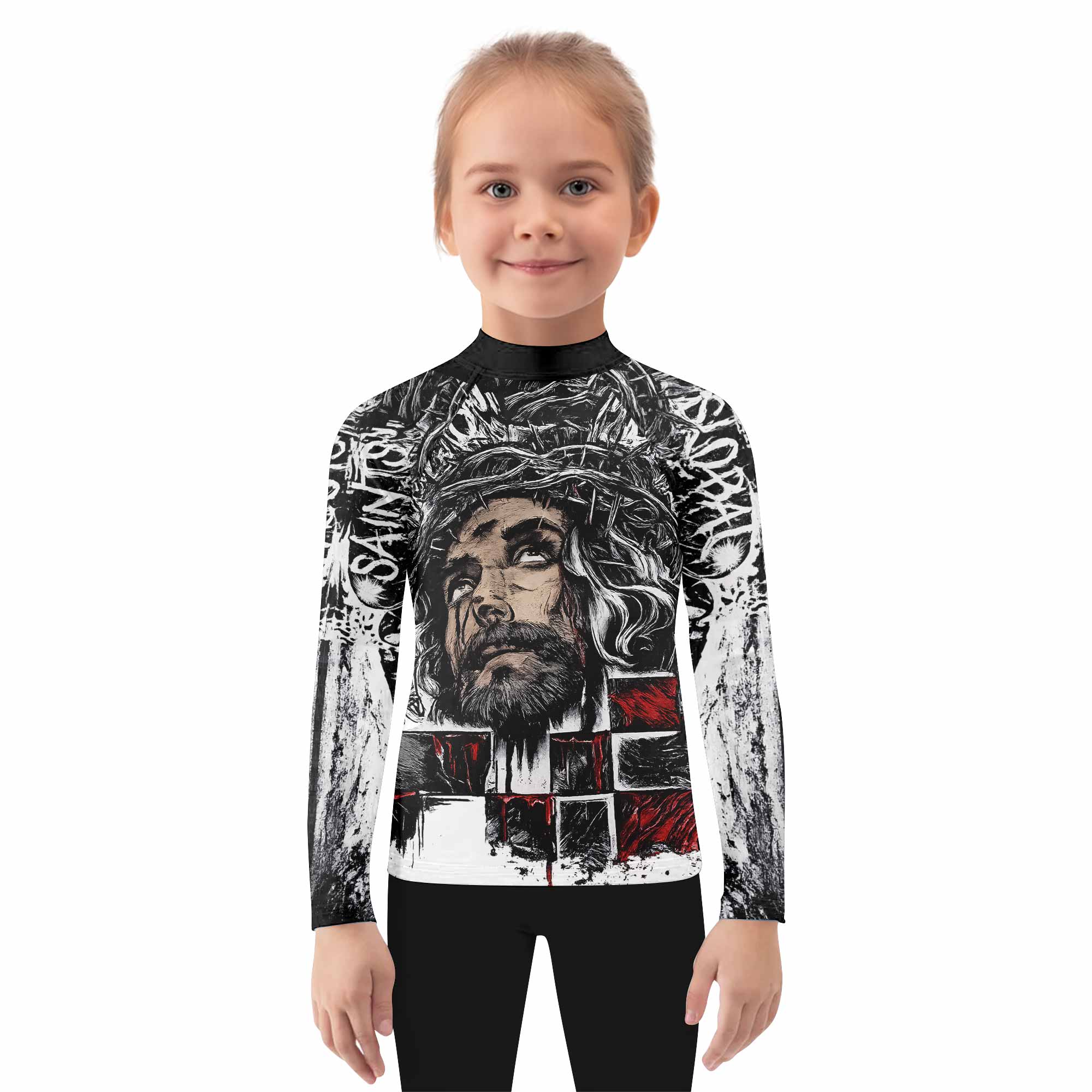 Man of Sorrows Kids Rash Guard Long Sleeve - girl's lifestyle view