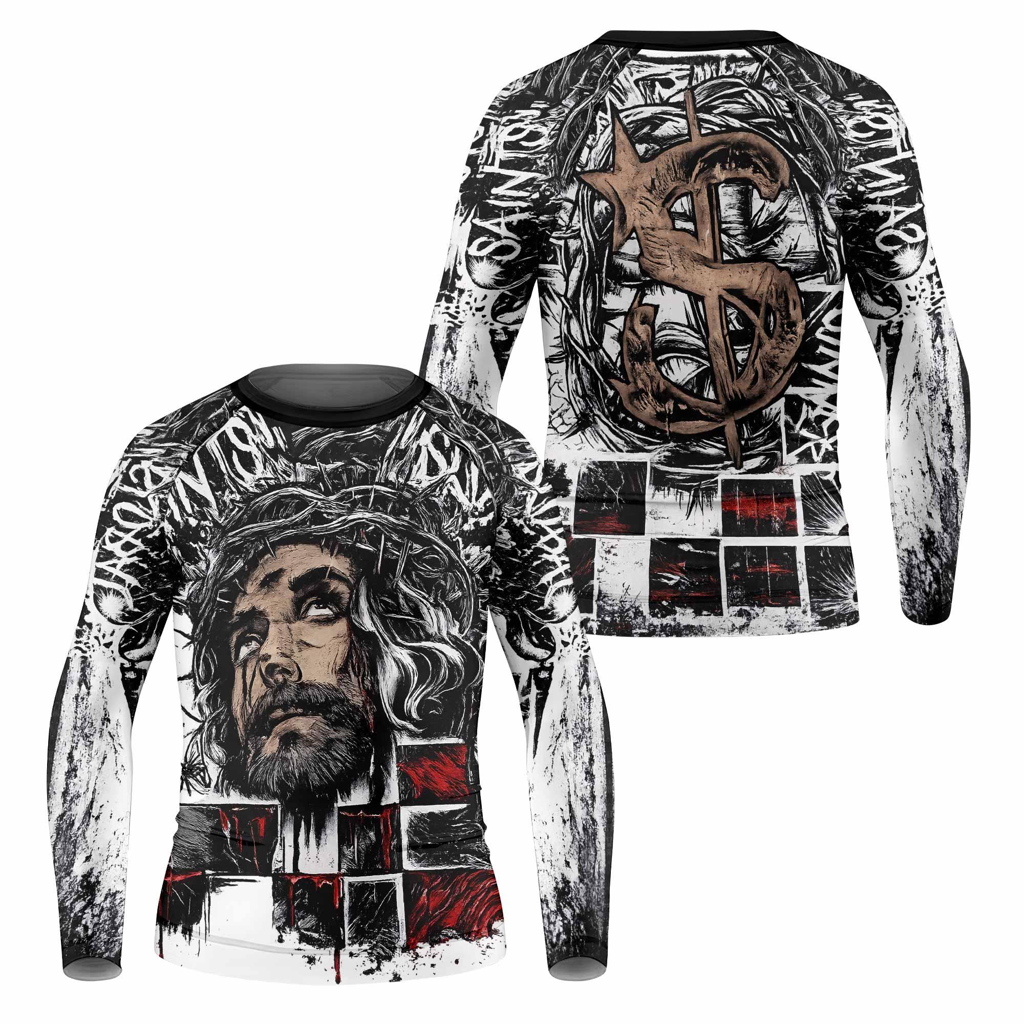 Man of Sorrows Kids Rash Guard Long Sleeve - front and back view