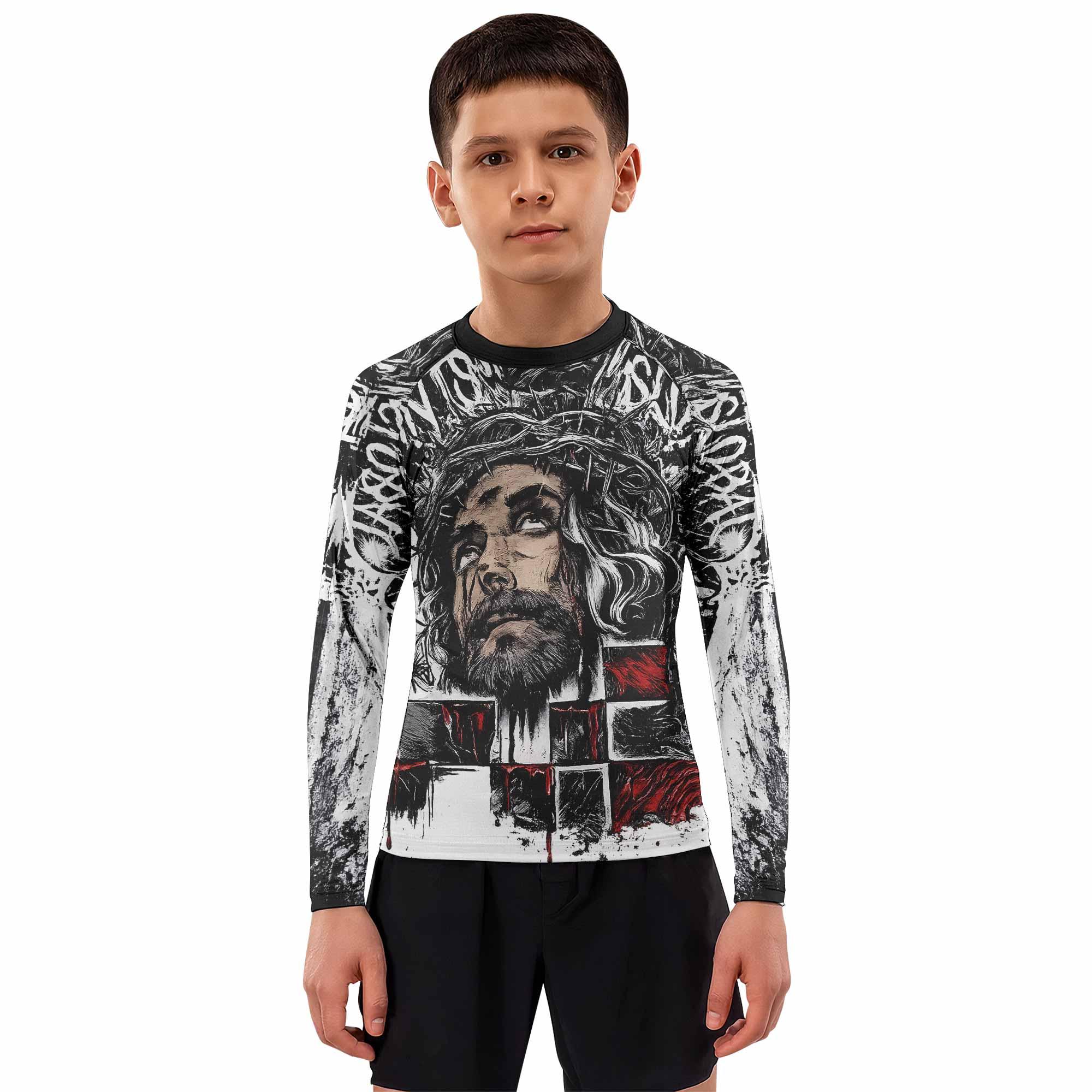Man of Sorrows Kids Rash Guard Long Sleeve - boy's lifestyle view
