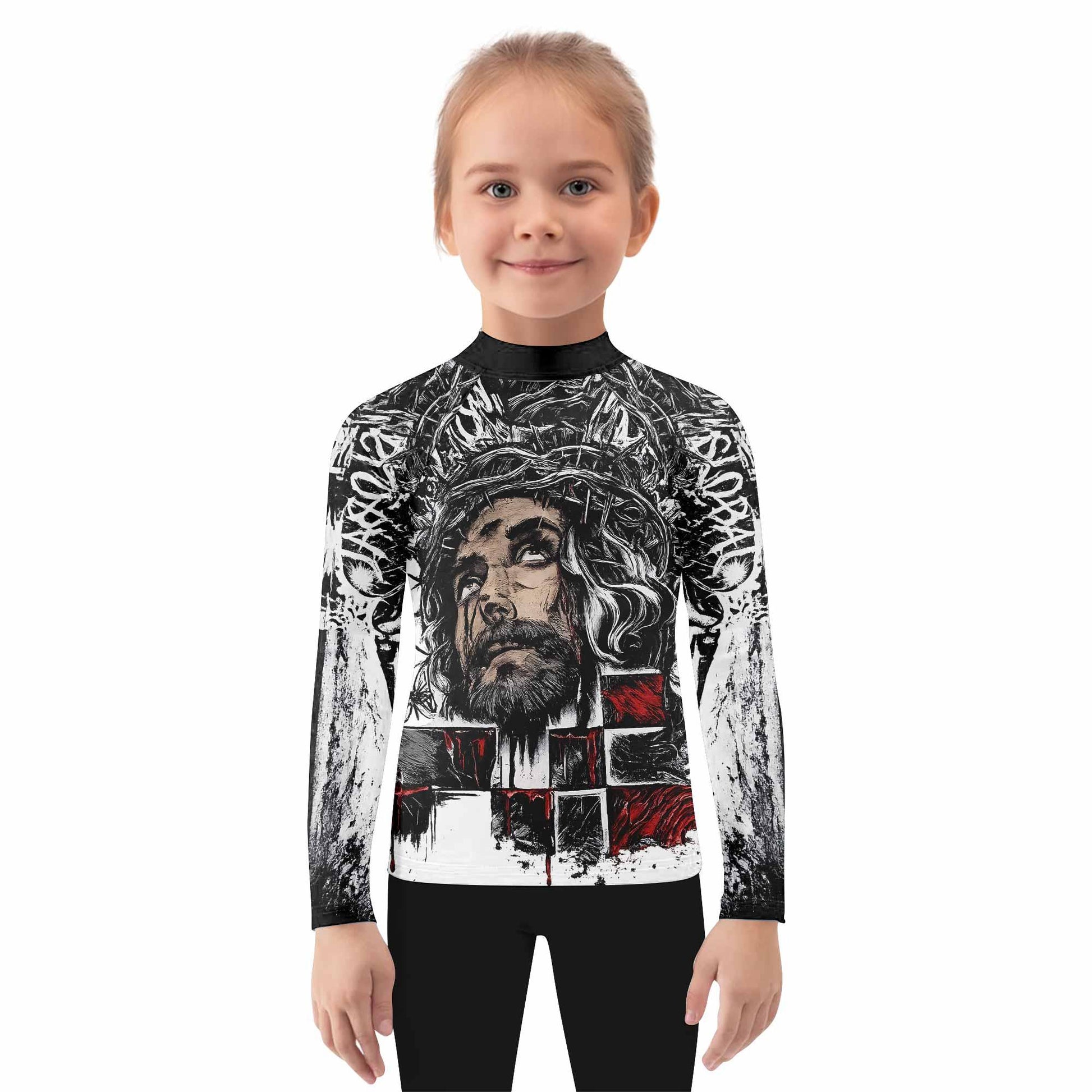 Man of Sorrows Kids Rash Guard Long Sleeve - girl's lifestyle view