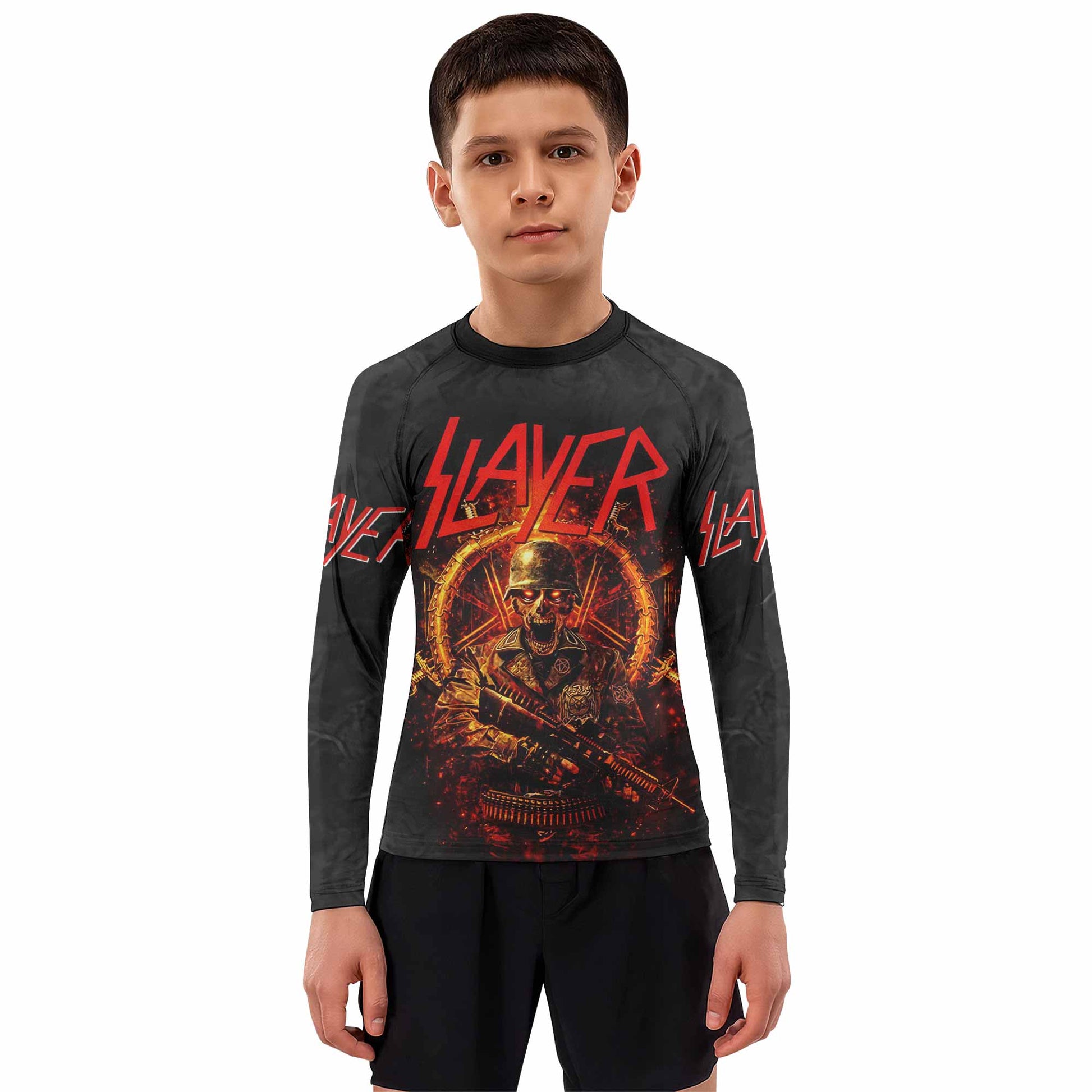 Slayer Goat Skull Kids Rash Guard Long Sleeve - boy's lifestyle view
