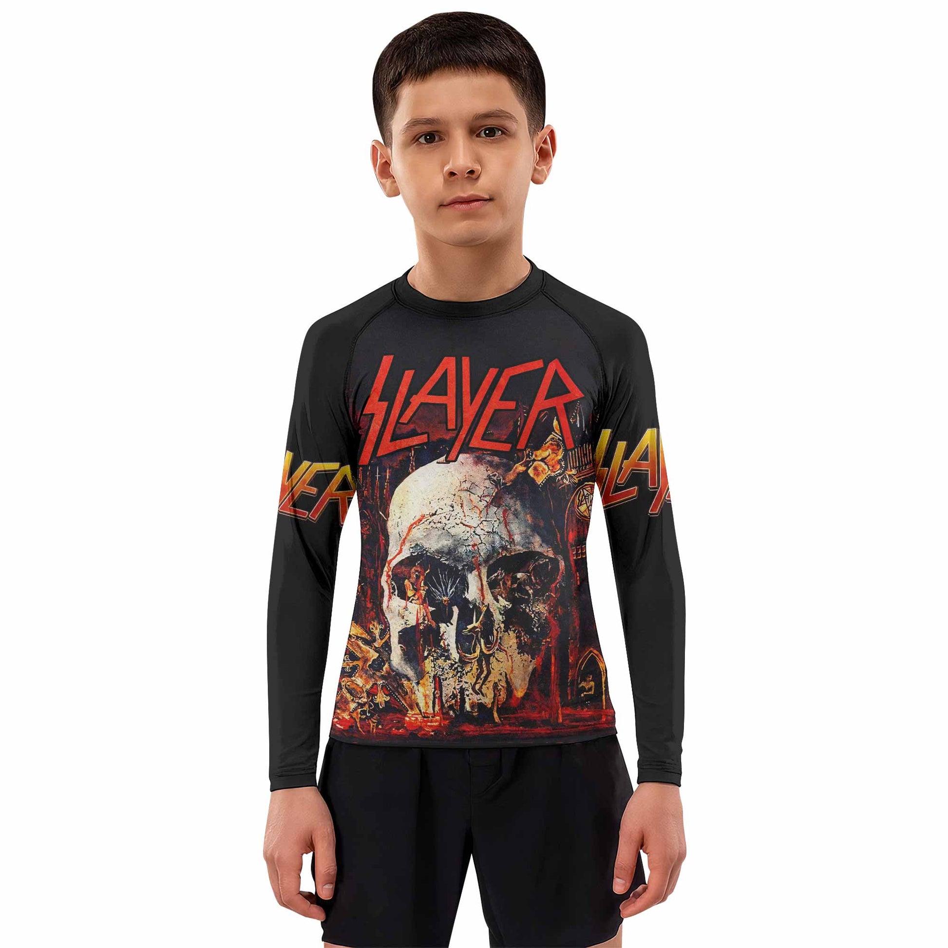 Slayer South Of Heaven Kids Rash Guard Long Sleeve - boy's lifestyle view