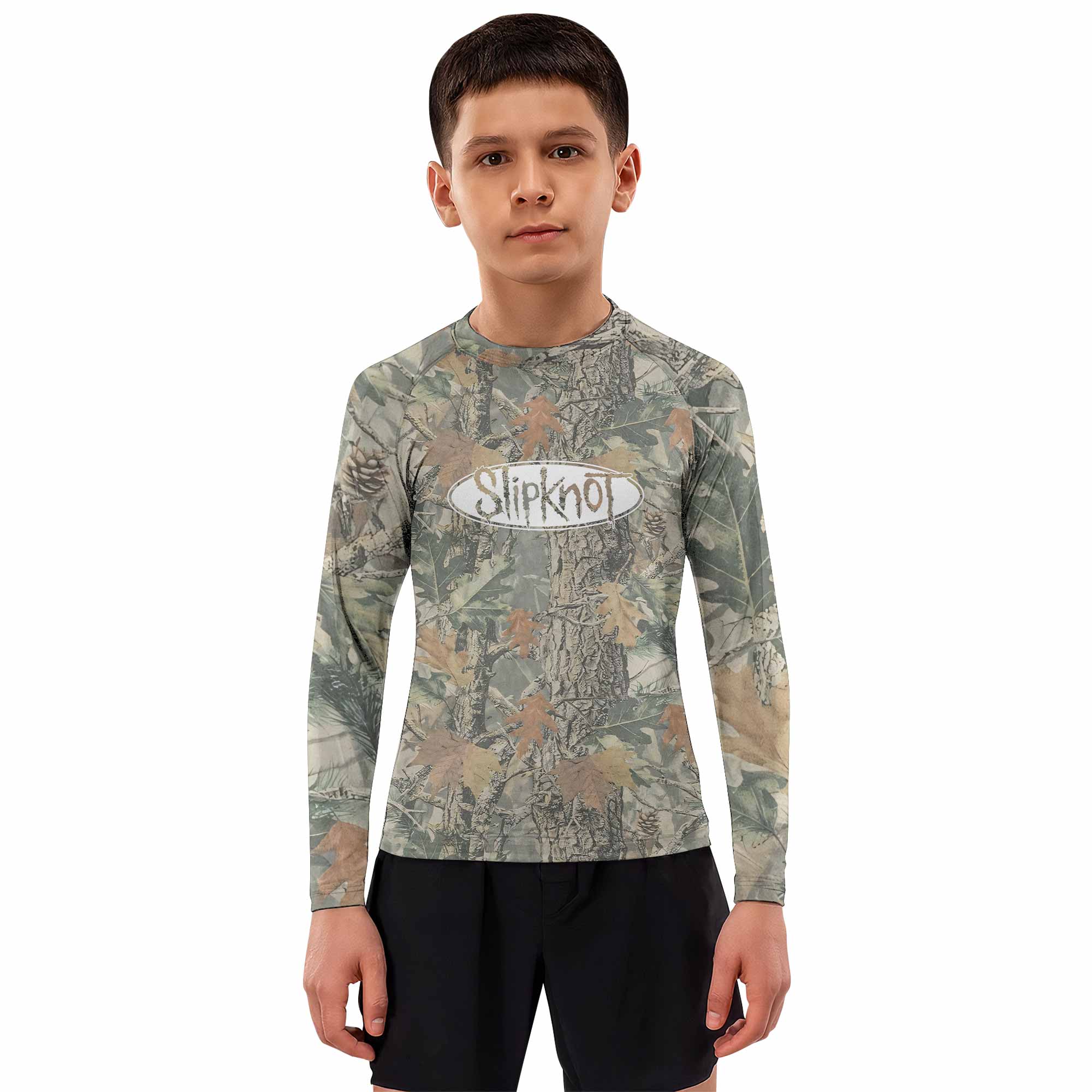 Slipknot Forest Camo Kids Rash Guard Long Sleeve - boy's lifestyle view