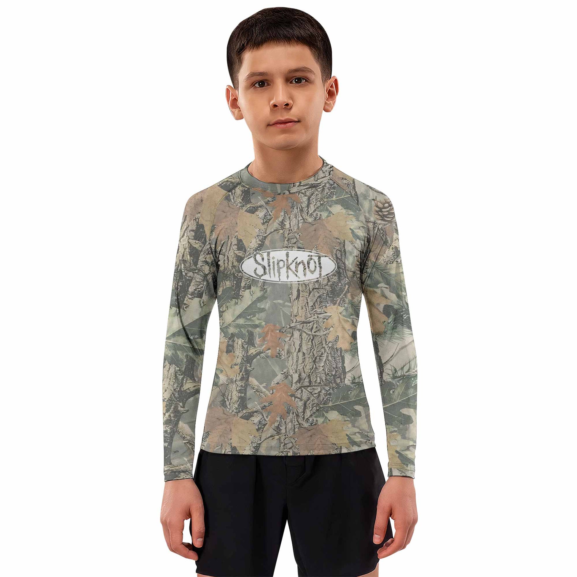 Slipknot Forest Camo Kids Rash Guard Long Sleeve - boy's lifestyle view