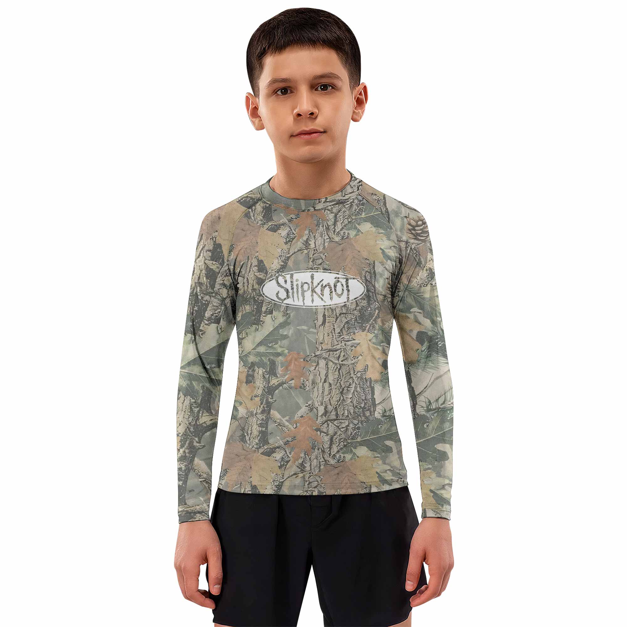 Slipknot Forest Camo Kids Rash Guard Long Sleeve - boy's lifestyle view