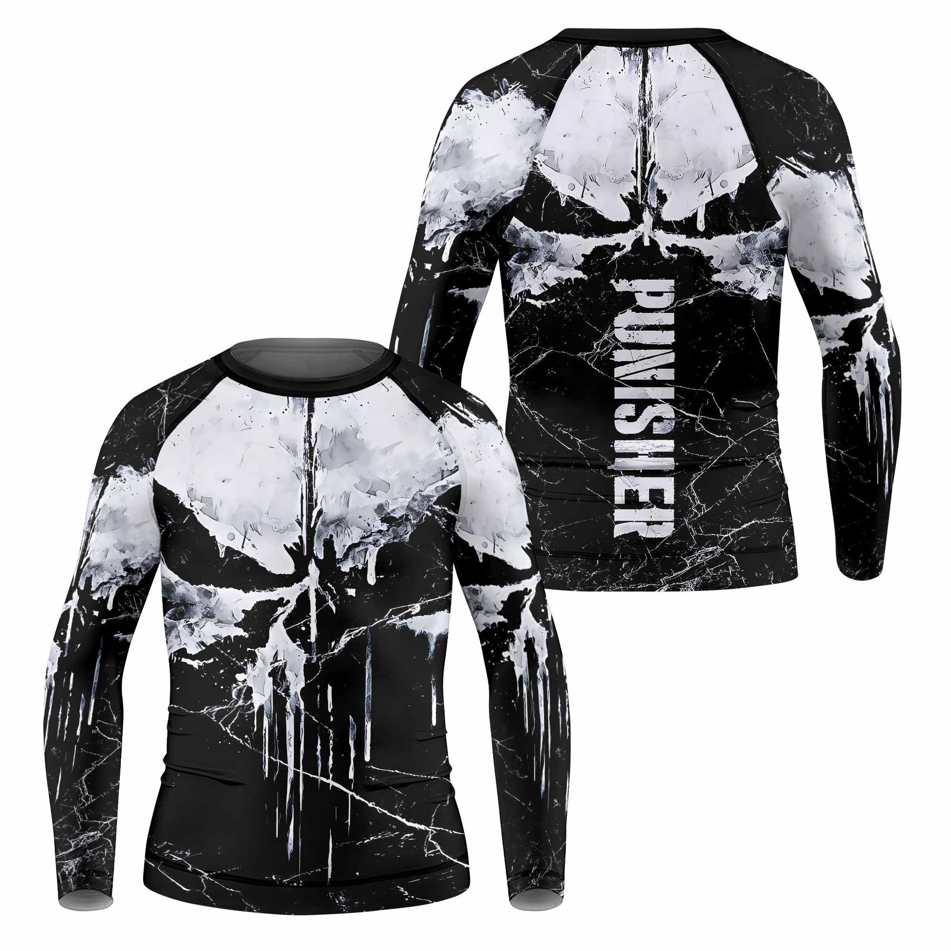 Punisher War Skull Kids Rash Guard Long Sleeve - front and back view