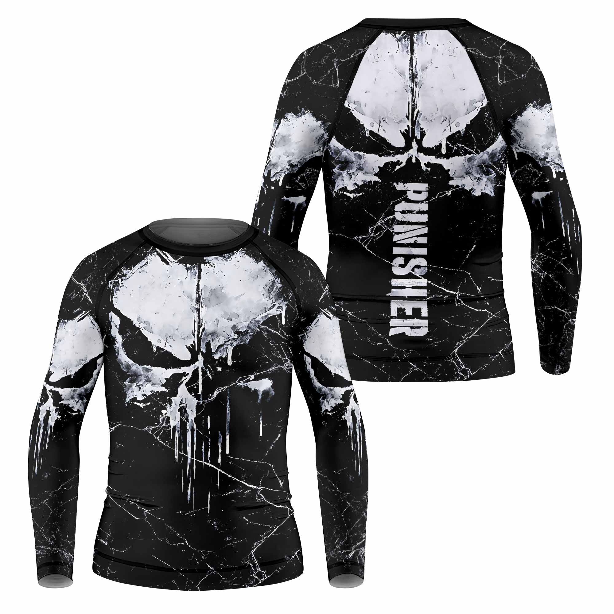 Punisher War Skull Kids Rash Guard Long Sleeve - front and back view