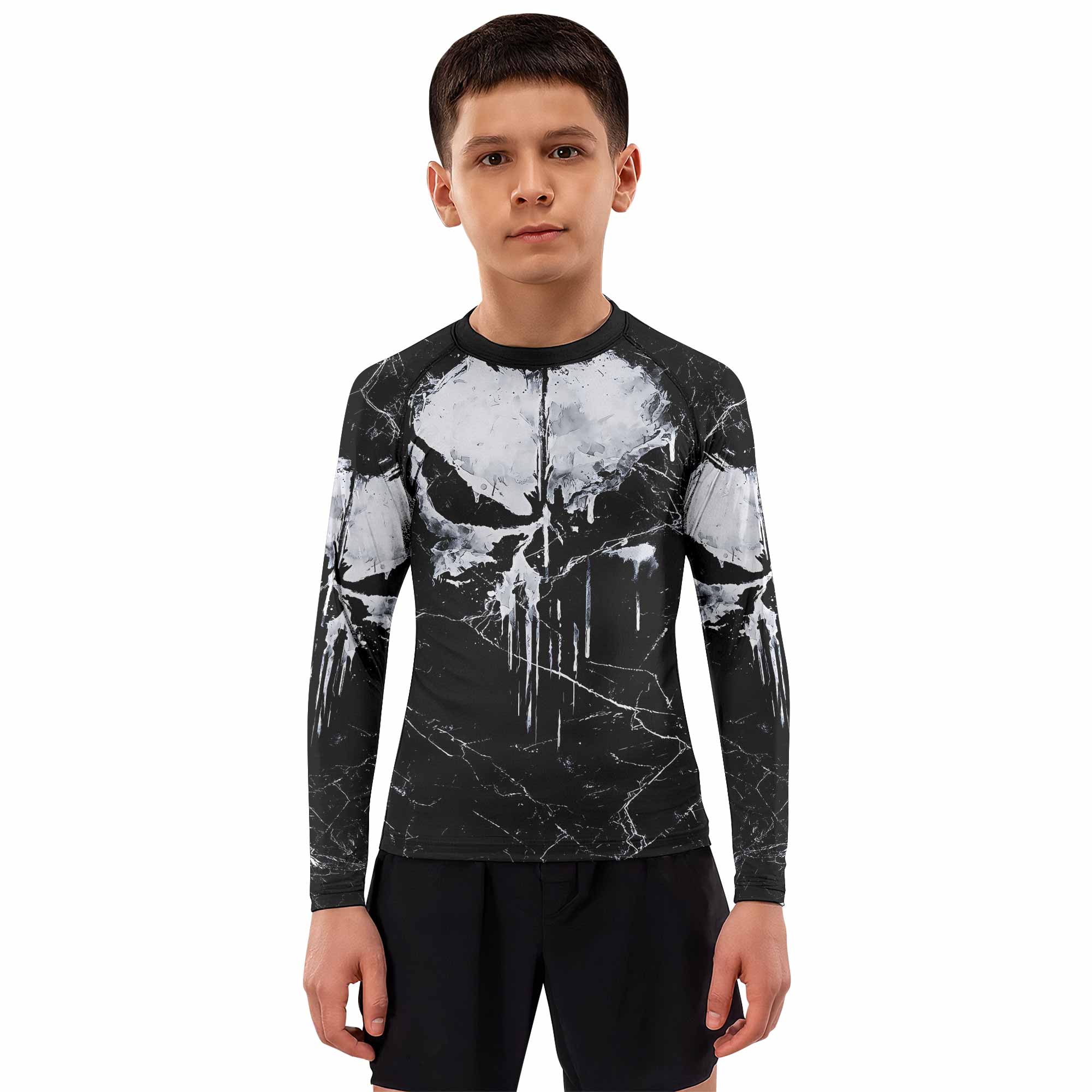Punisher War Skull Kids Rash Guard Long Sleeve - boy's lifestyle view