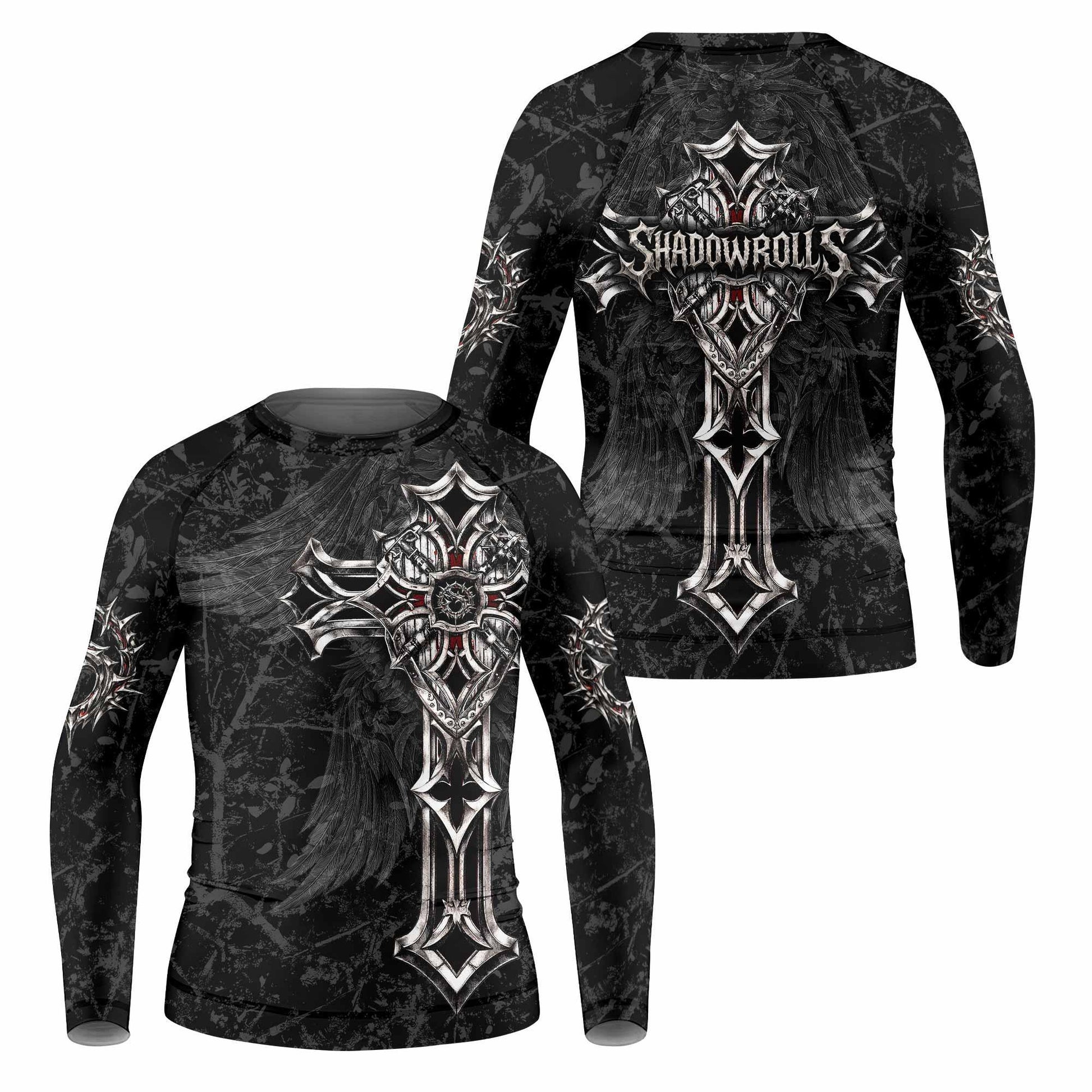 Crown of Thorns Cross Kids Rash Guard Long Sleeve - front and back view
